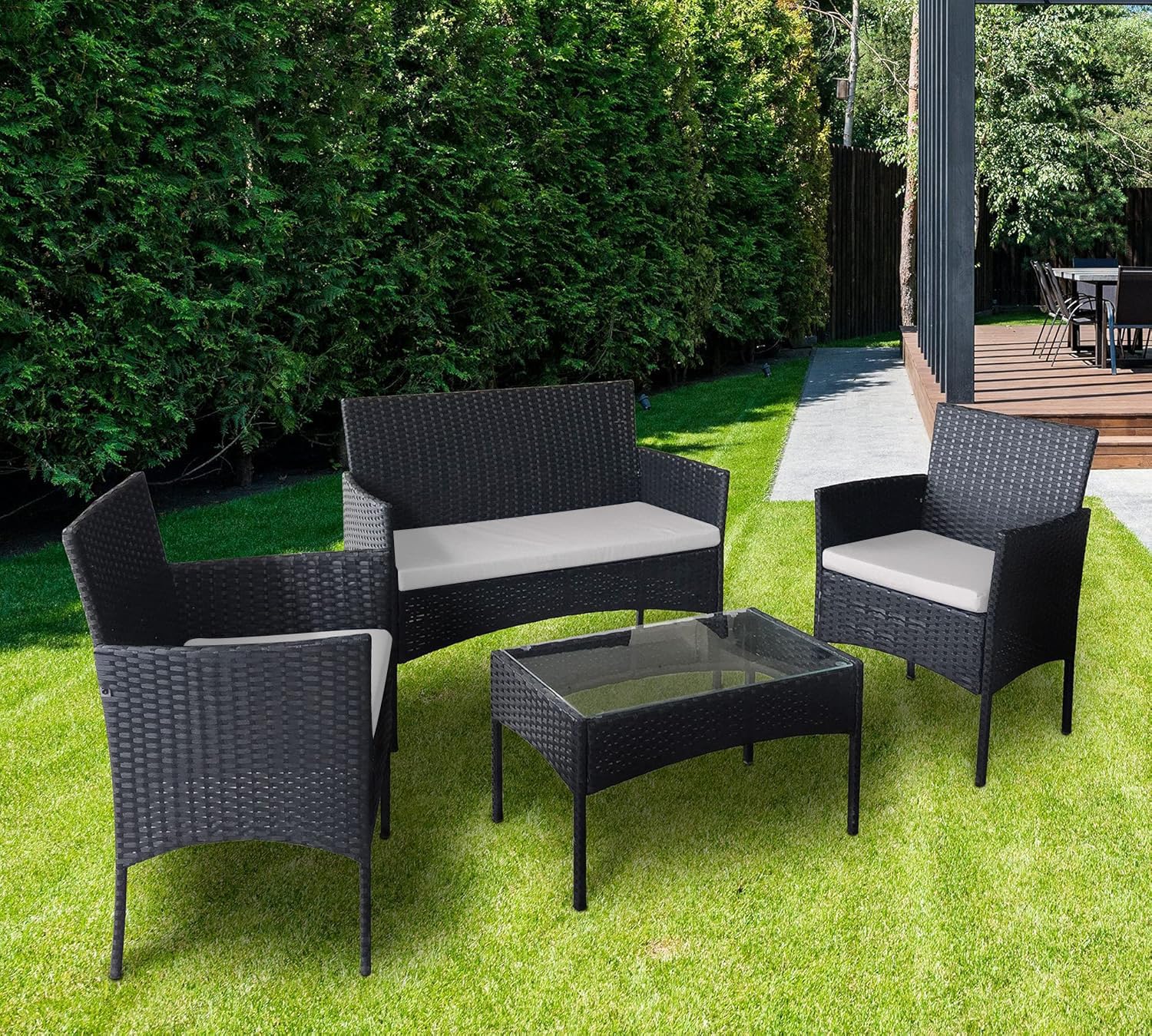 mcc direct 4pcs Rattan Outdoor Garden furniture sofa set with 2x Armchairs 1x Double Sofa & 1 table for indoor & outdoor (Roger) (Black) โ image 1