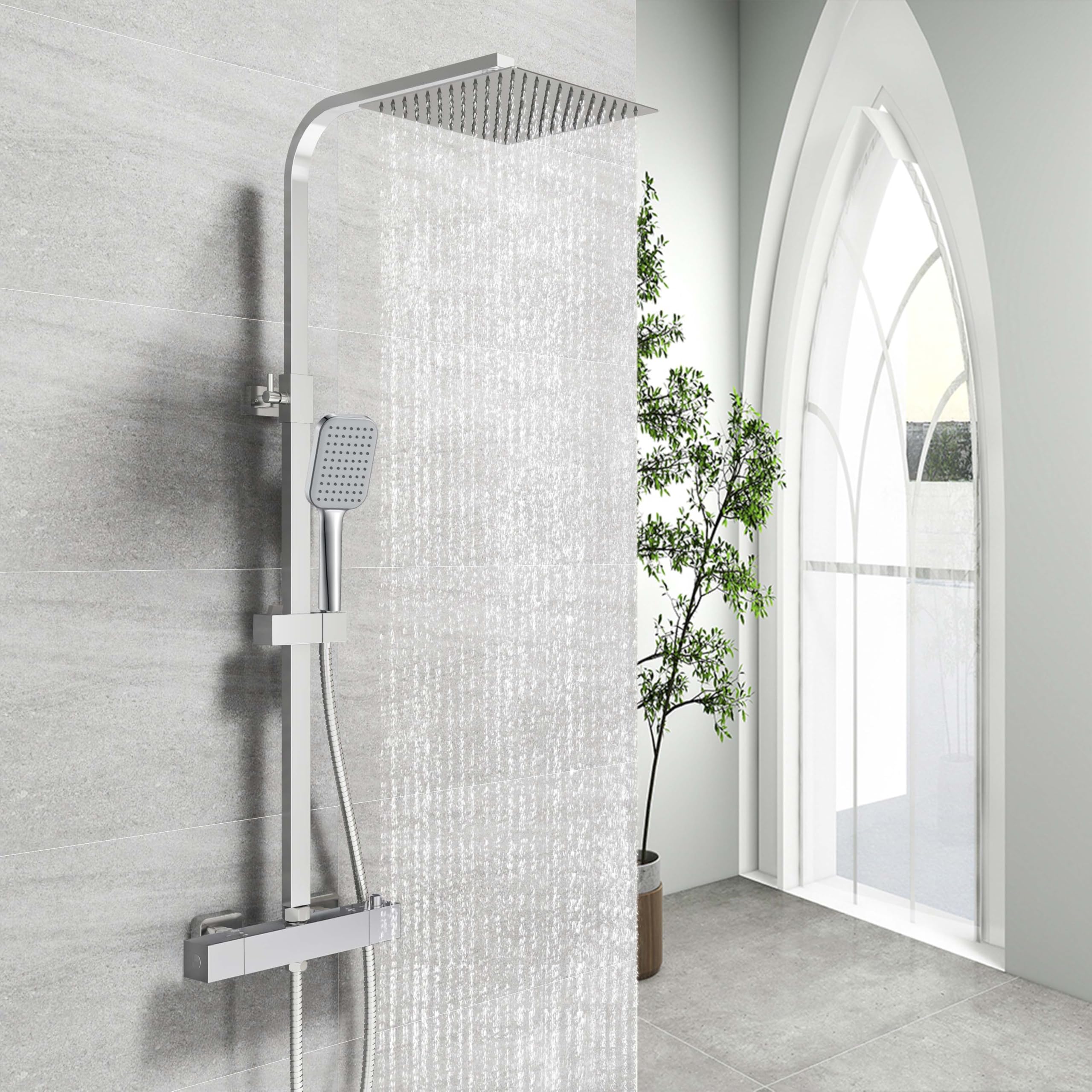 Set Doccia OCEAN ITALY Con Soffione Quadrato E Termostatico - Acciaio Inox Cromato, Altezza Regolabile 80-120 Cm