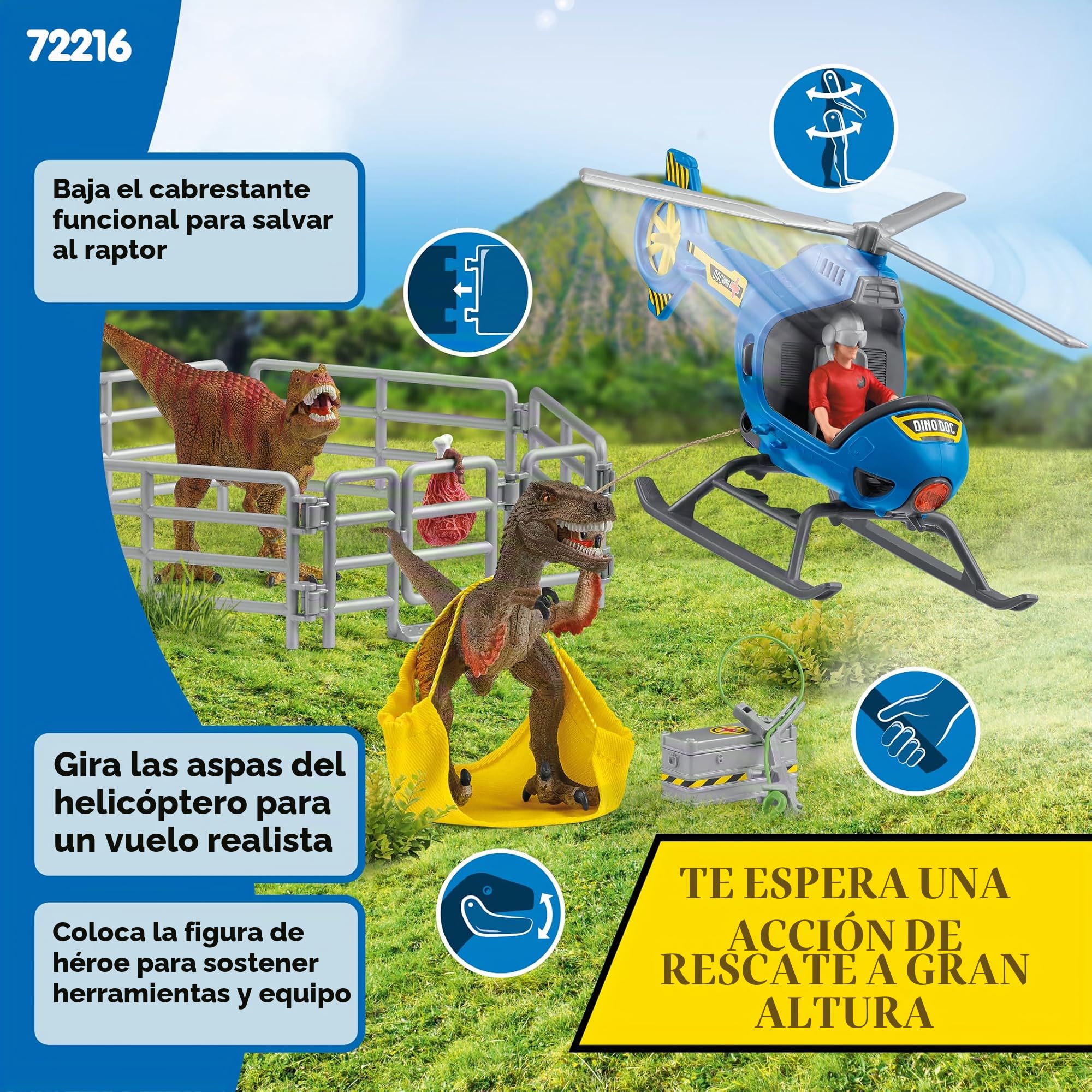Schleich Dinosaurs | Rescate en helicóptero de Dinosaurios 72216 | Set con helicóptero, Flynn, 2 Dinos & Accesorios | Regalo para niños | Juguete a Partir de 5 años | 28 Piezas | Exclusivo en Amazon | Juego de dinosaurios con helicóptero, Flynn, 2 dinosau
