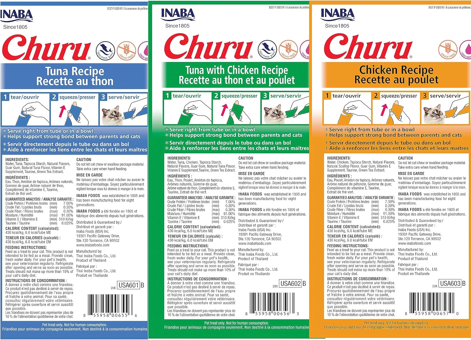 Churu Lickable Creamy Purée Cat Treats 3 Flavor Tuna and Chicken Variety Pack, 4 Count Pack of 18 (72 Tubes Total)