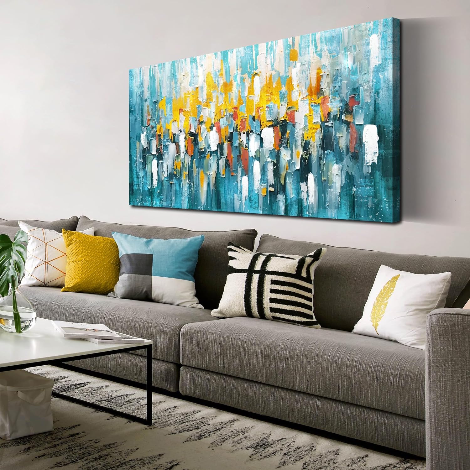 Large Abstract Canvas Wall Art for Living Room Bedroom Teal Yellow Abstract Picture Framed Canvas Prints Ready to Hang Modern Home Decor Size 24x48 48"L x 24"W abstract2