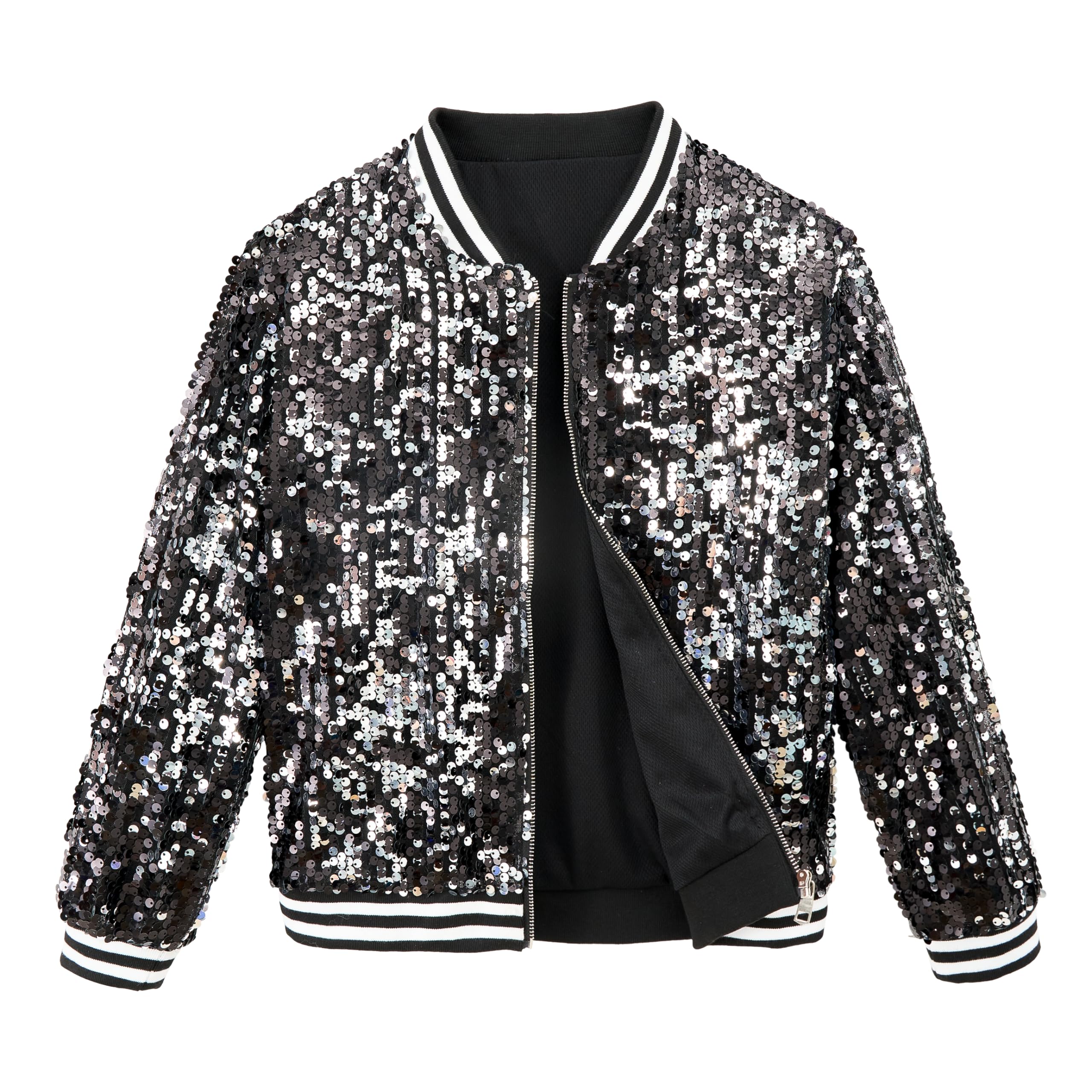 LOLANTA Blouson Bombardier à Poches Zippées à Paillettes pour Filles Veste de Baseball à Manches Longues pour Enfants