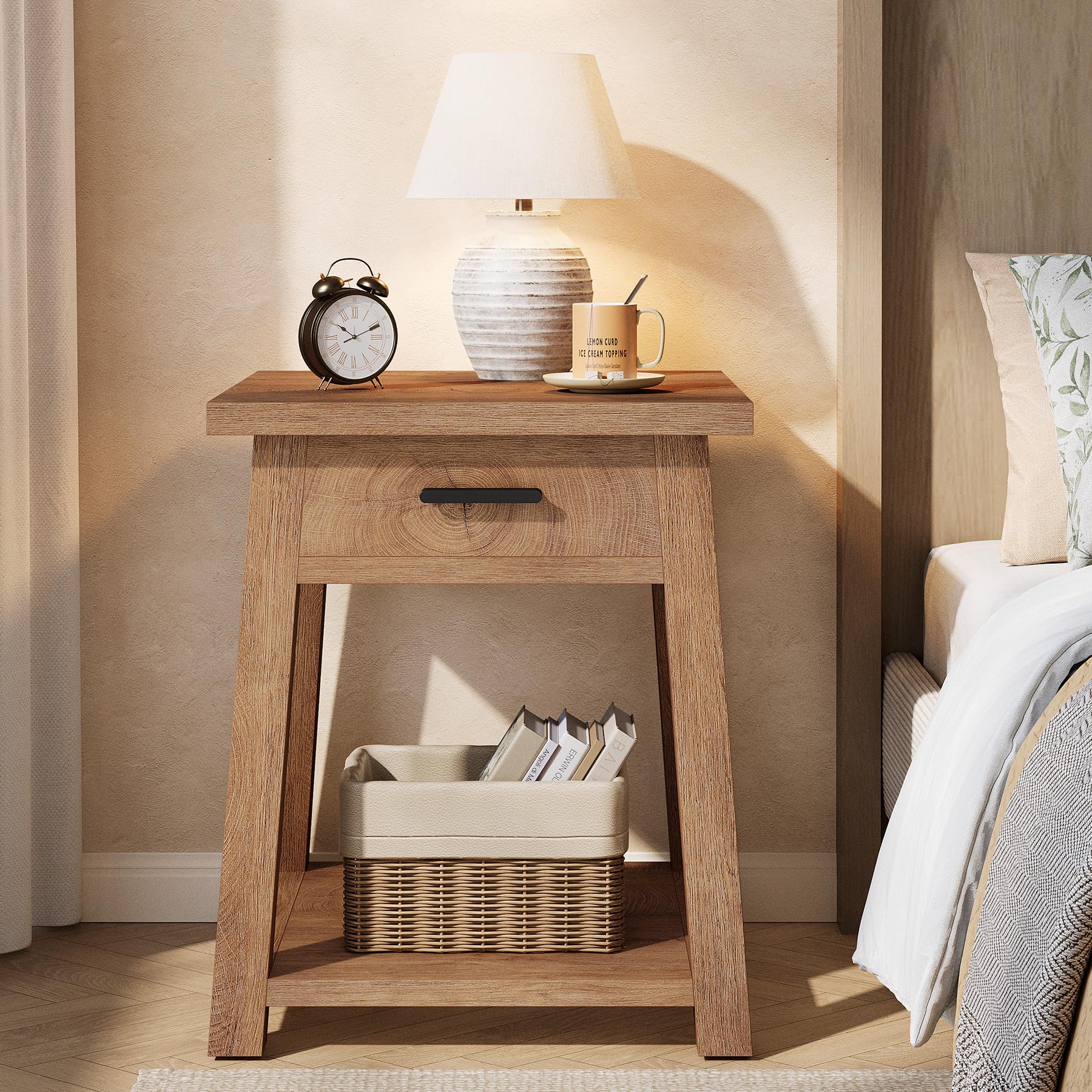 Tribesigns Farmhouse Square Side Table, 2 -Tier Wooden End Table with Drawer, Rustic Nightstands with Shelf Storage for Living Room, Bedroom, Office and Small Spaces
