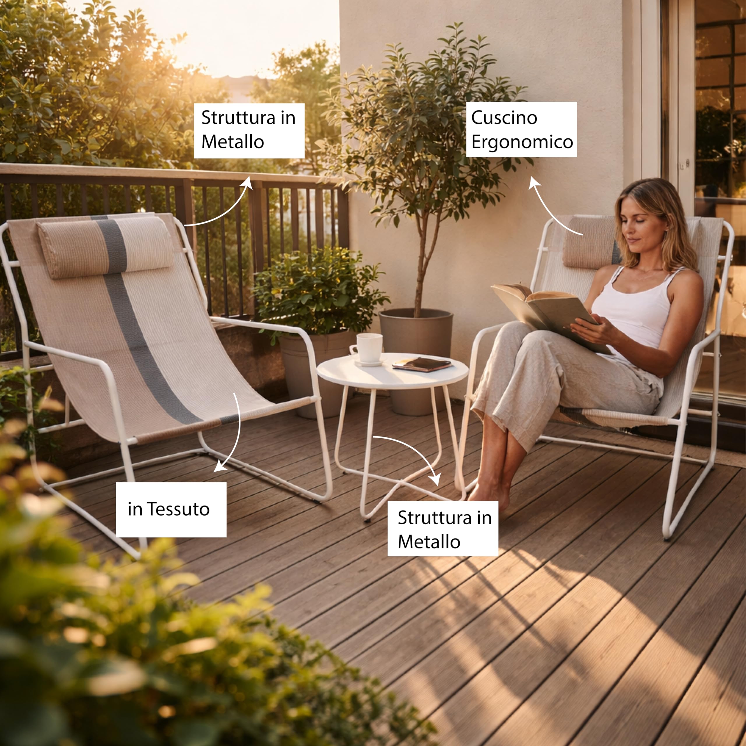 Salottino da Esterno 2 Posti Set da Giardino 2 Poltrone in Tessuto con Cuscino 65x83x86cm + 1 Tavolino 40x50cm - Resistente alle Intemperie, Sedie, Set Mobili, Relax - Facile Montaggio