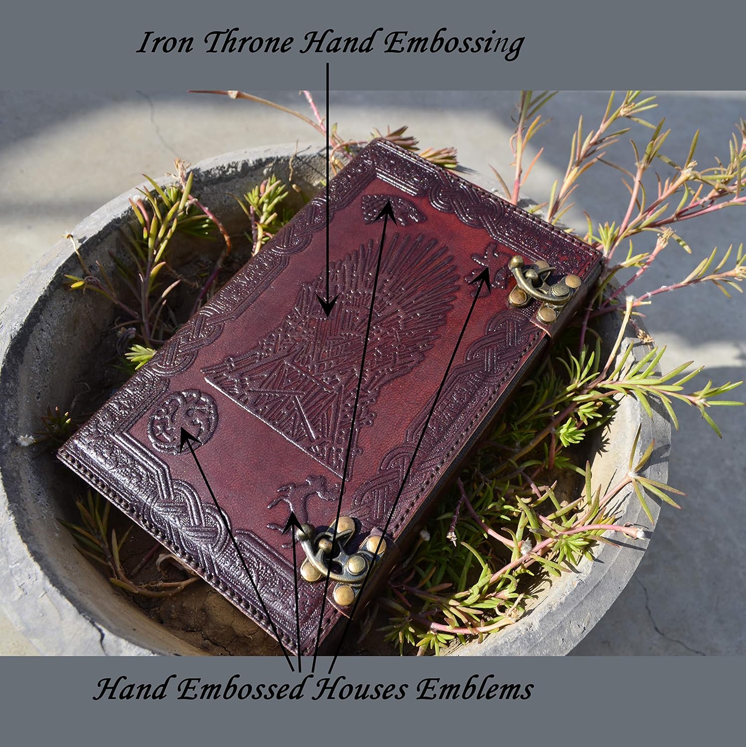 L & S Game Of Thrones Embossed Handmade Genuine Leather Bound Journal Vintage Art Sketchbook & Travel Diary With Lock Latch | Refillable      Day to Day Calendar