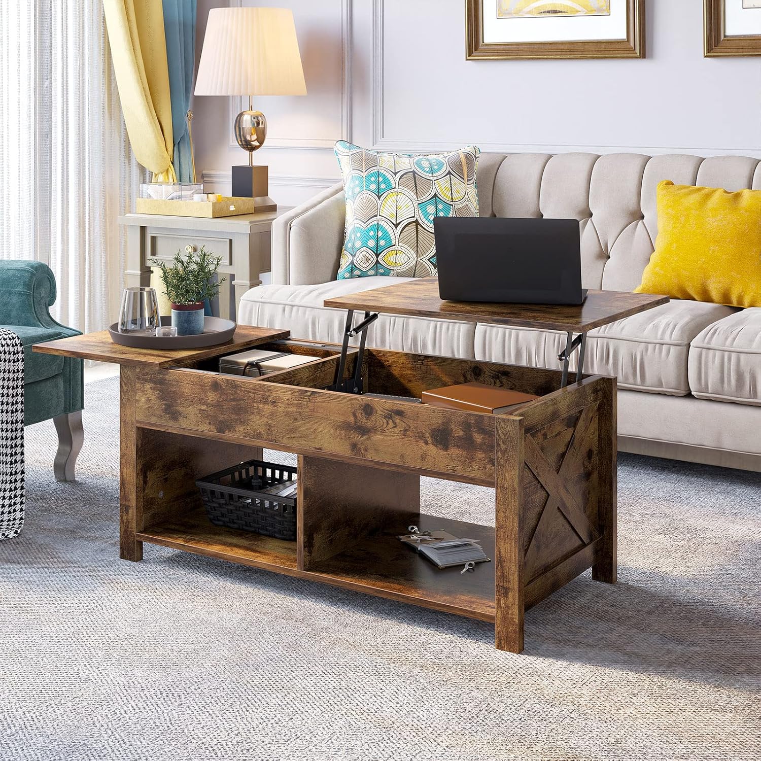 YITAHOME Living Room Table Sets 3 Piece Coffee Table Set of 3 for Living Room, Two 2-Tier X-Design End Table Set with Lift Top Coffee Table,Rustic Brown : Home & Kitchen