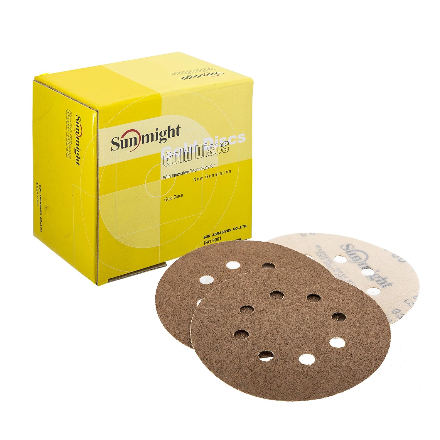 Sunmight Gold 5 Inch 240G Grit 8 Hole Sanding Disc Hook and Loop – Premium Aluminum Oxide Sandpaper Pads for Orbital Palm Sander, Wood, Metal, Body Filler, Paint – Single Grit Pack, 50 Discs