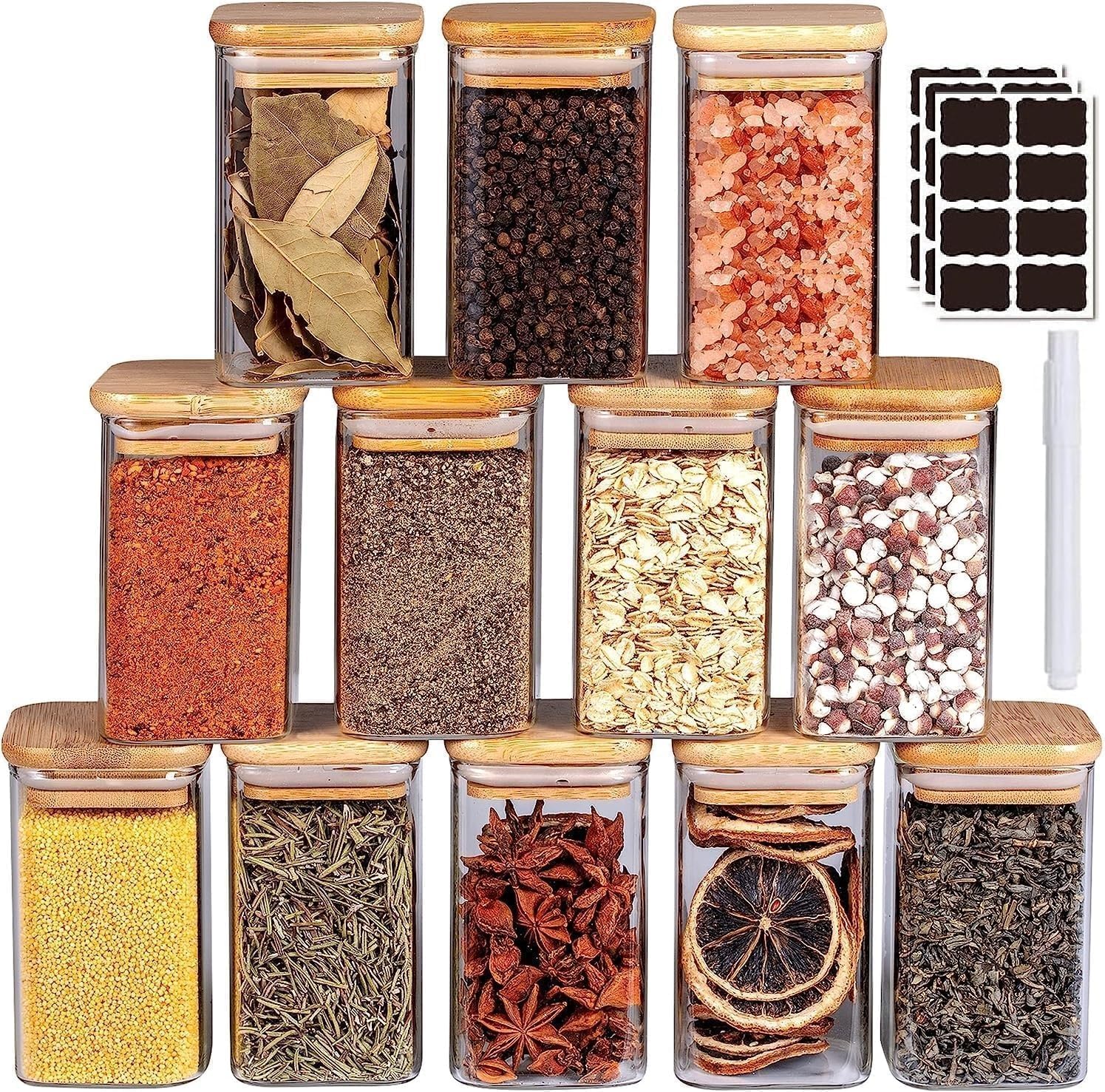 VOIDROPGlass Jar-12 Pcs Square Glass Jar-Spice Jars with Natural Bamboo Lids -15oz Airtight Herb Containers -Empty Small Seasoning Jars-cookie jars-airtight containers (150ML)