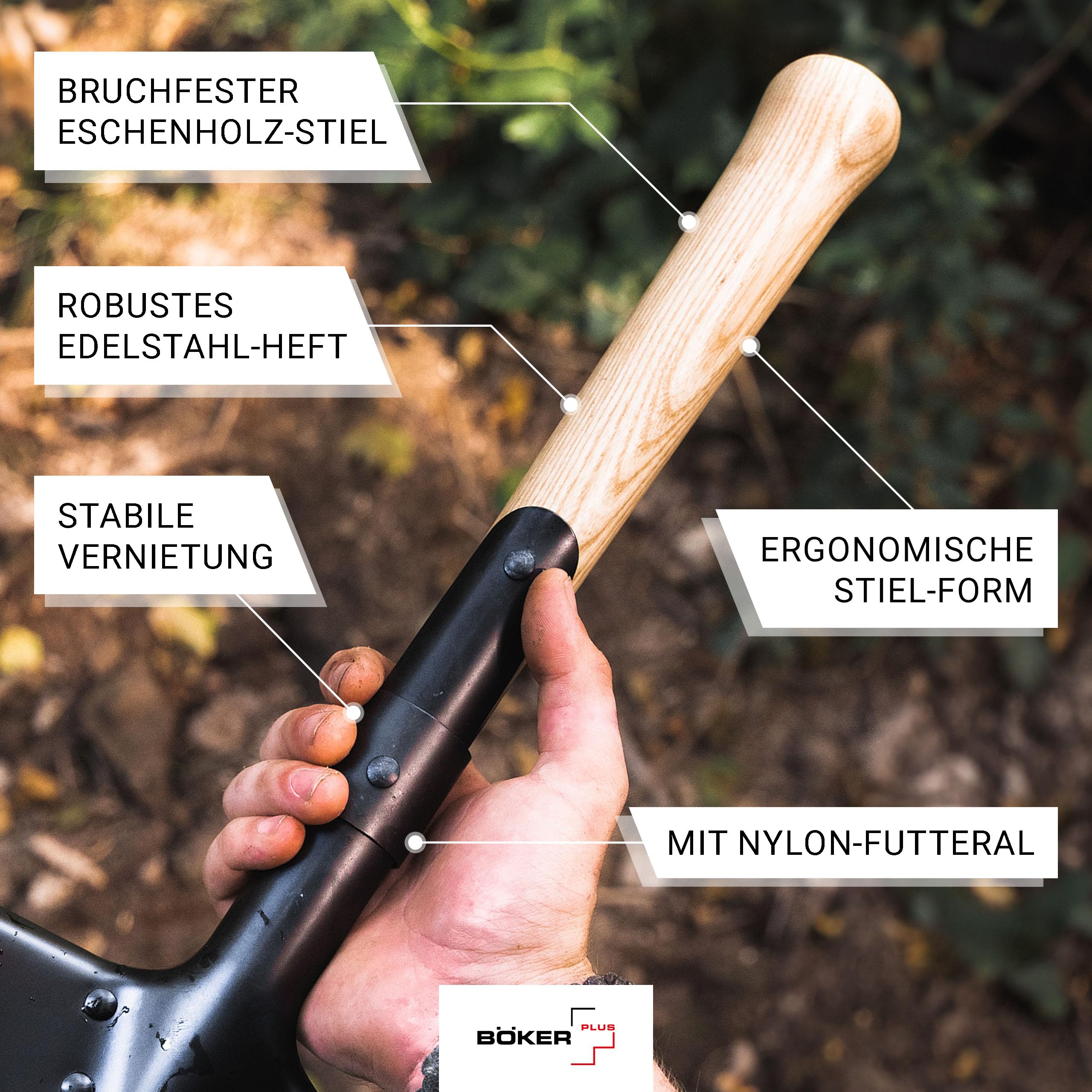 Böker Plus® Shovel M1874 - Deutscher Feldspaten mit Holzstiel - Armee Kurzspaten nach historischen Pionierspaten - Kurze Outdoor-Schaufel mit Tasche für Bushcraft-, Camping-, Survival-Ausrüstung