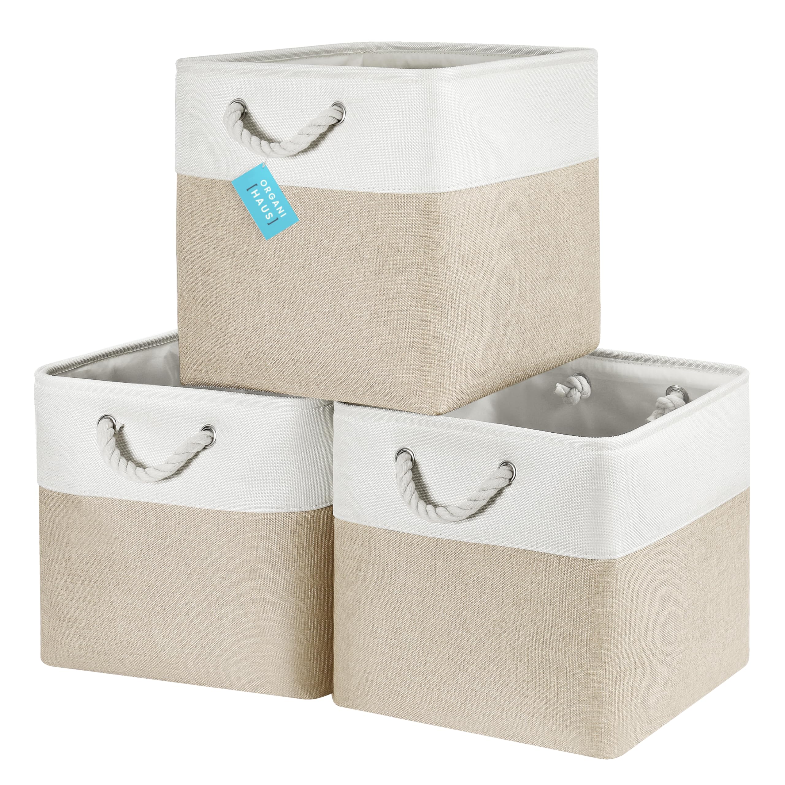 OrganiHaus Set di 3 Cubi Scatole Portaoggetti 33x33, Cestini Portaoggetti in Tessuto con Manici in Corda, Cubi Portaoggetti Pieghevoli per Libreria Kallax, Cestino per la Cameretta. Beige/Bianco