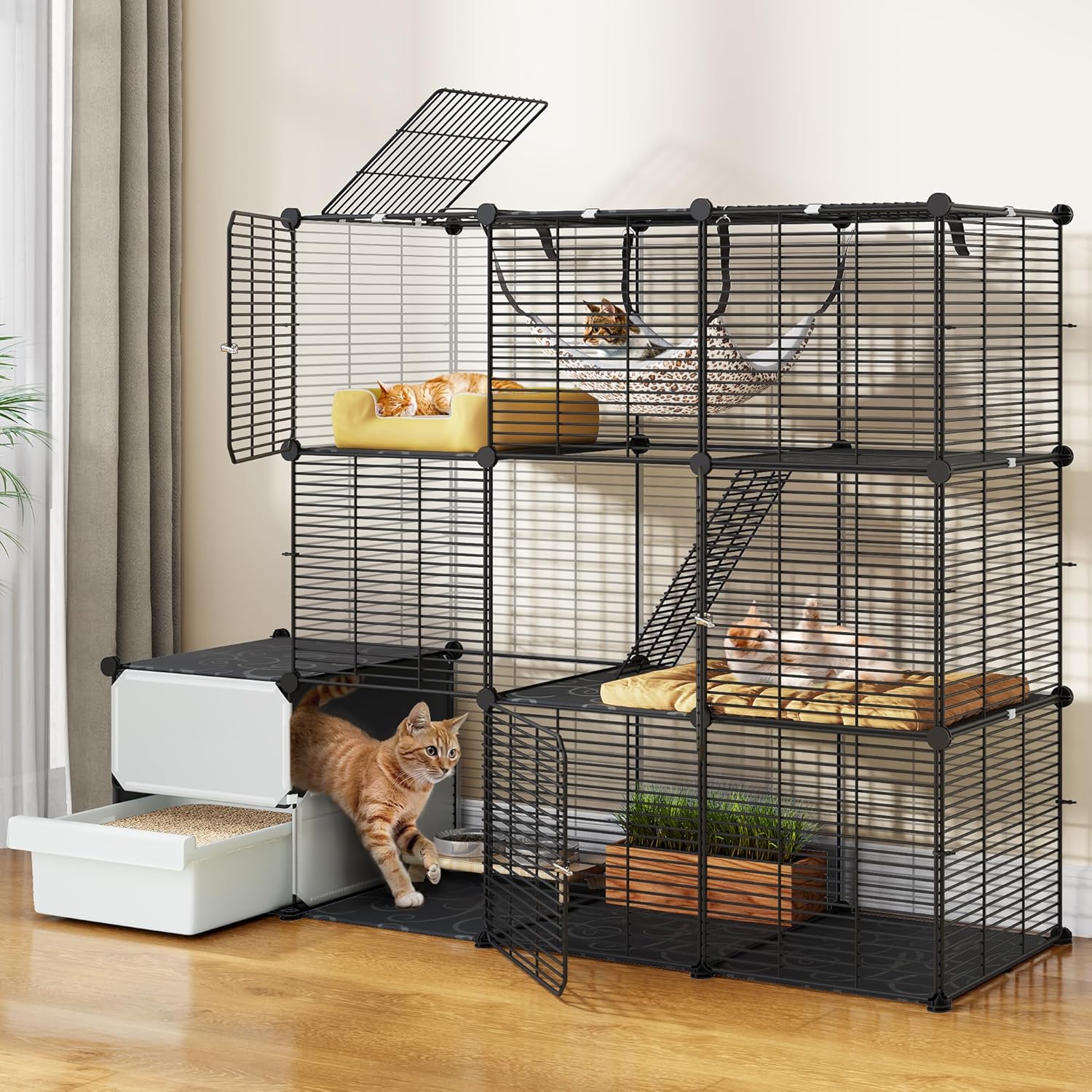 YITAHOME Cat Enclosure with Litter Box: 3-Level Indoor Kitten Cage for Kittens, Spacious Play Area for 1-3 Small Cats (Black)