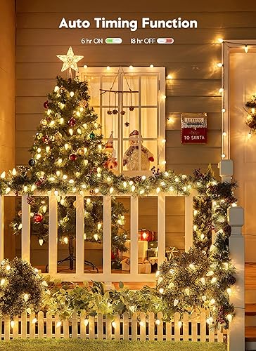 Miniatura 3 de Brightown Luces de Navidad C9 para exteriores, 114 pies, 150 luces LED de color blanco cálido con temporizador, 8 modos, enchufable, certificación