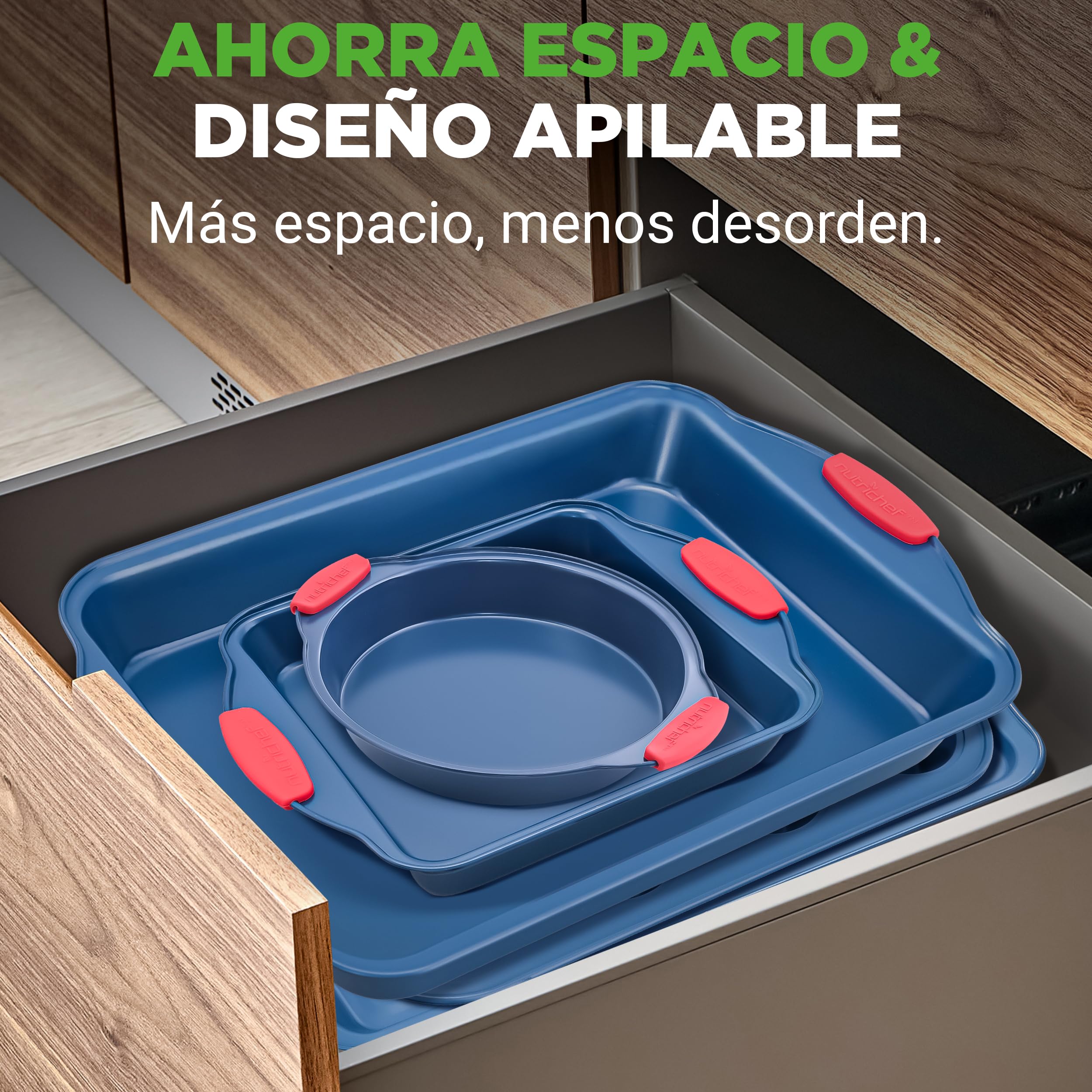 NutriChef juego de 6 moldes, Utensilios horno, Baking set, Reposteria, Antiadherentes, Libres de PFOA, PFOS, PFTEE, Aptos para hornos hasta 230°C (450°F), Mangos de silicona