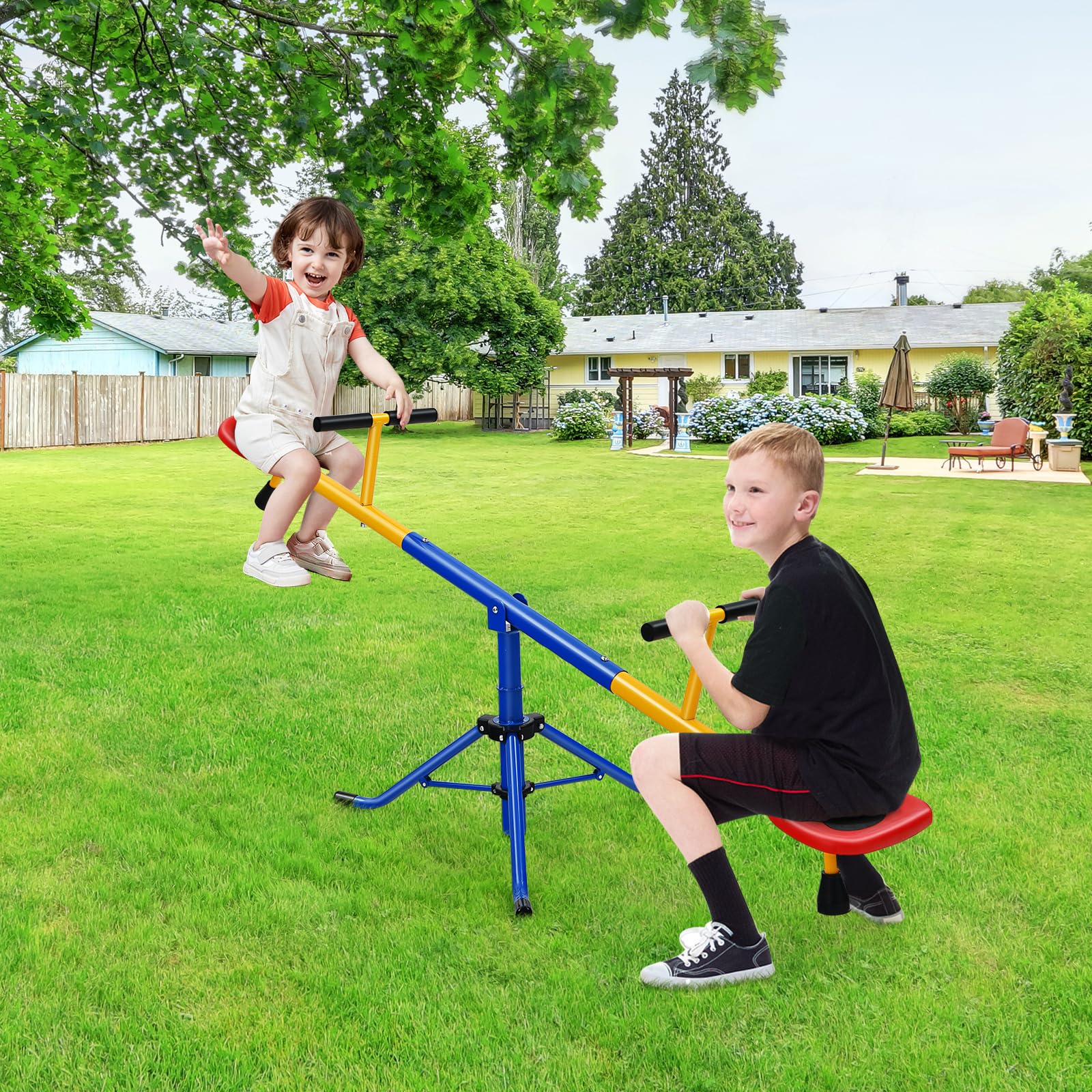 HOMASIS 2-Sitzer Kinderwippe, Schaukelwippe Outdoor 360° drehbar Metall, Gartenwippe bis 60 kg, für Kinder 3-8 Jahre (Blau)