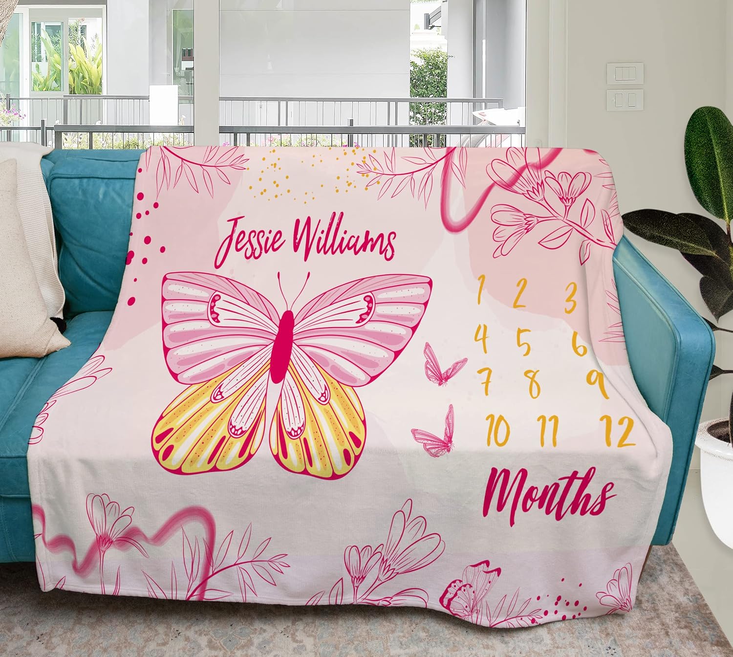 TEEAMORE Custom Baby Monthly Milestone Throw Blanket Colorful Butterfly Design Add Your Text Baby Girl Age Photo Reveal Months Shower Blanket (50X60)