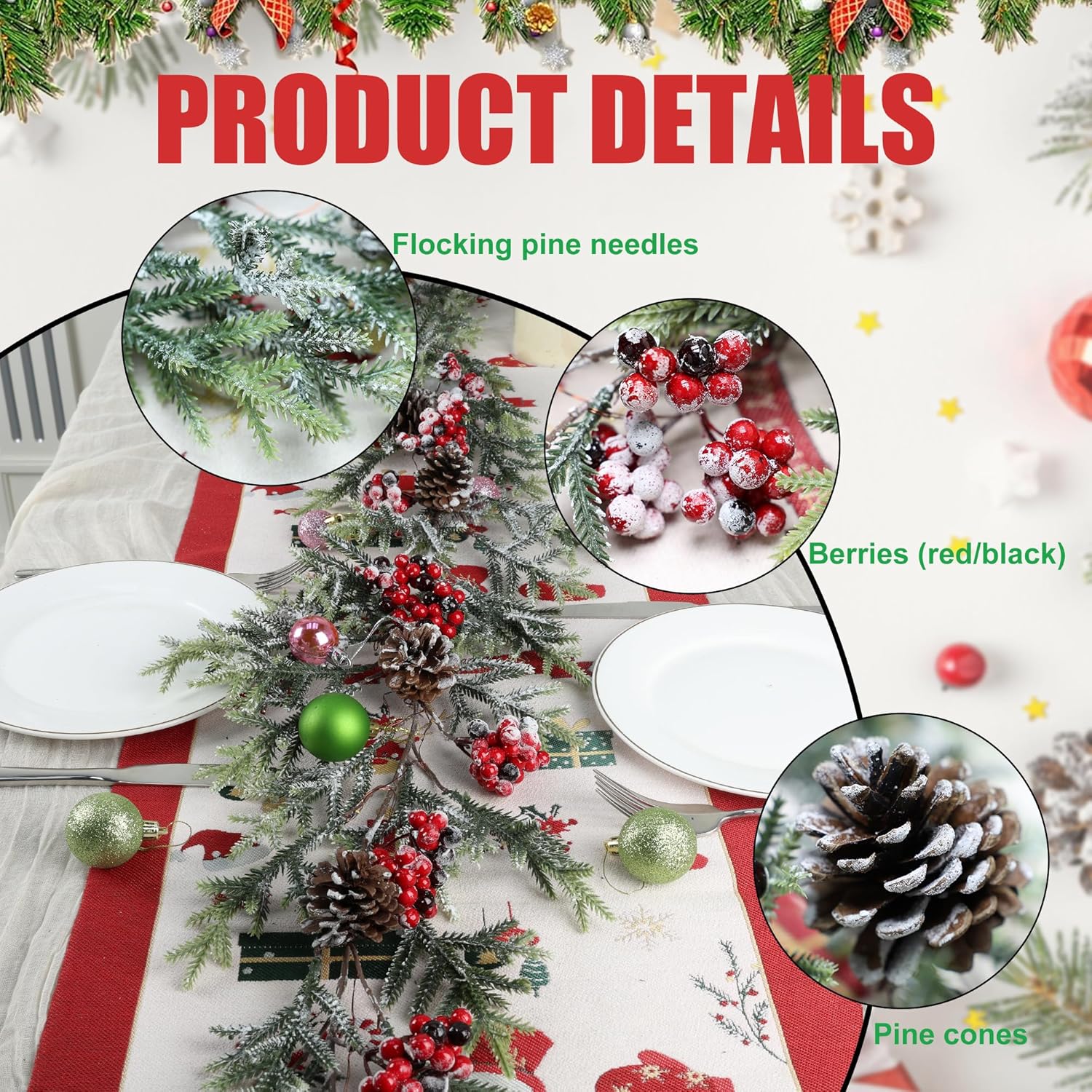 6 FT Christmas Garland with Lights - Pre-Lit Artificial Christmas Garland, Flocked Garland with Red Berries Pine Cones for Decoration, Mantle Stairs Railing Home Xmas Decoration Indoor