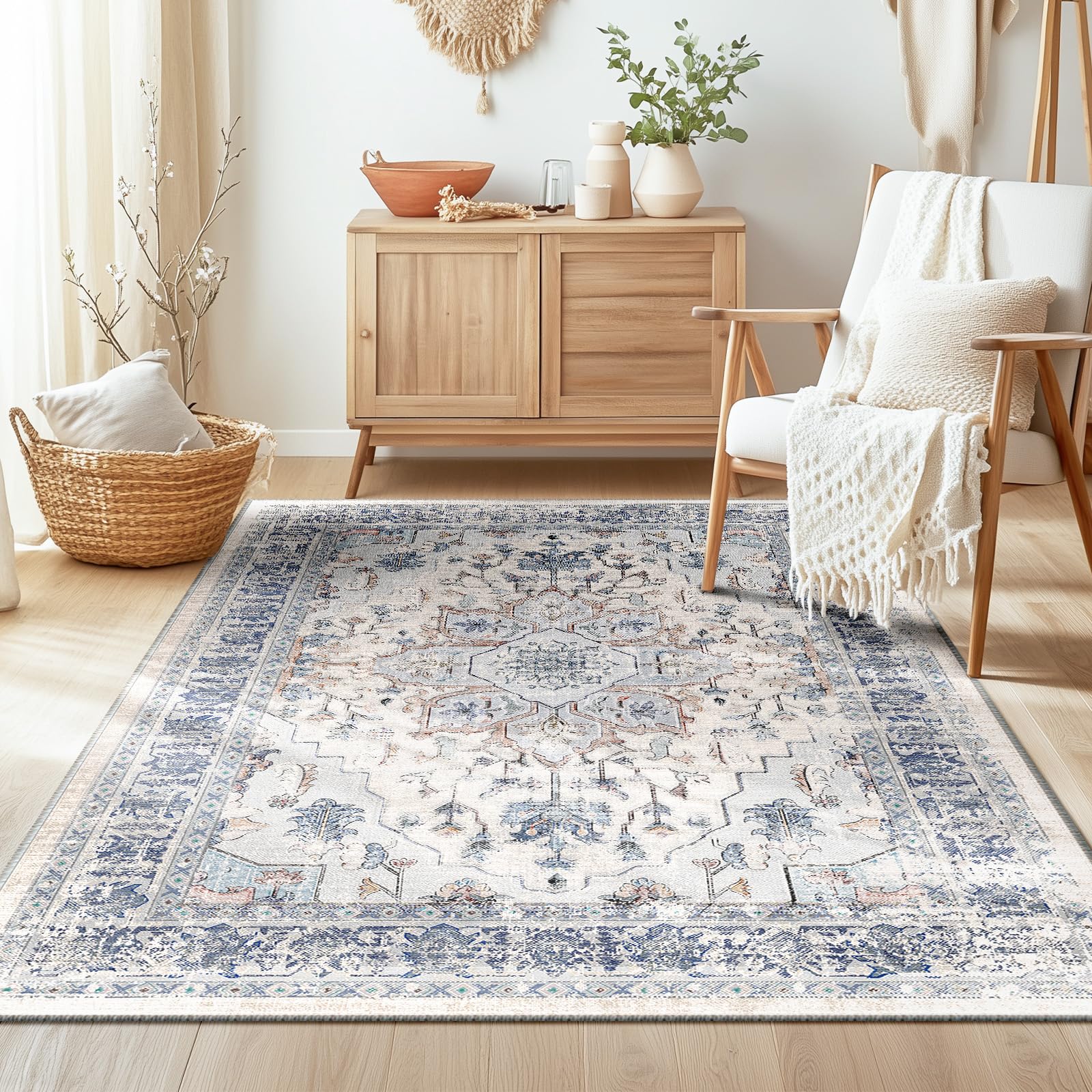 BESTSWEETIE 3x5 Area Rug Washable Rugs for Living Room, No Pile Boho Carpet for Entryway Bedroom Dinning Room, Vintage Carpet Print Distressed
