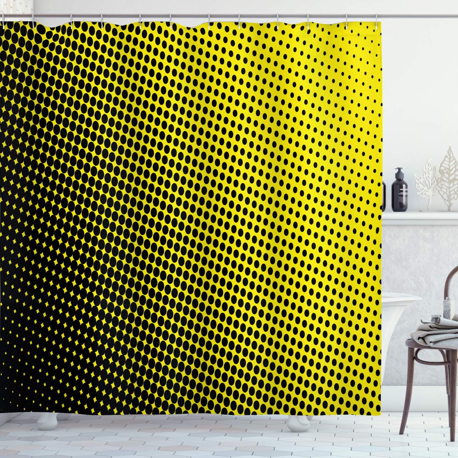 Ambesonne Yellow Shower Curtain, Ombre Pattern Background Dots from Big to Small Art Geometric Arrangement, Cloth Fabric Bathroom Decor Set with Hooks, 69" W x 75" L, Yellow and Black