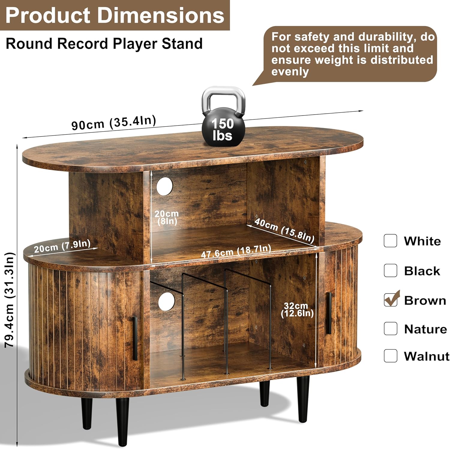 Large Record Player Stand with Storage and Shelves, Mid Century Modern Record Player Cabinet with Doors, Vinyl Record Player Table Holds 150+ Records for Living Room Bedroom (Brown)