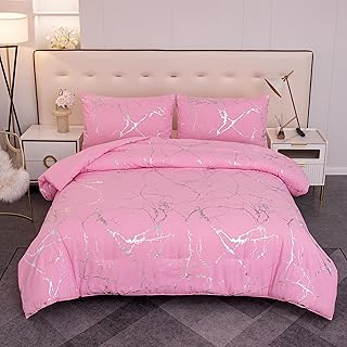 MWMWMW Pink Comforter Set Queen, Marbling Silver Glitter Bedding Set, 3Pcs Pink Queen Bedding Sets for Girls Women (1 Comforter, 2 Pillowcases)