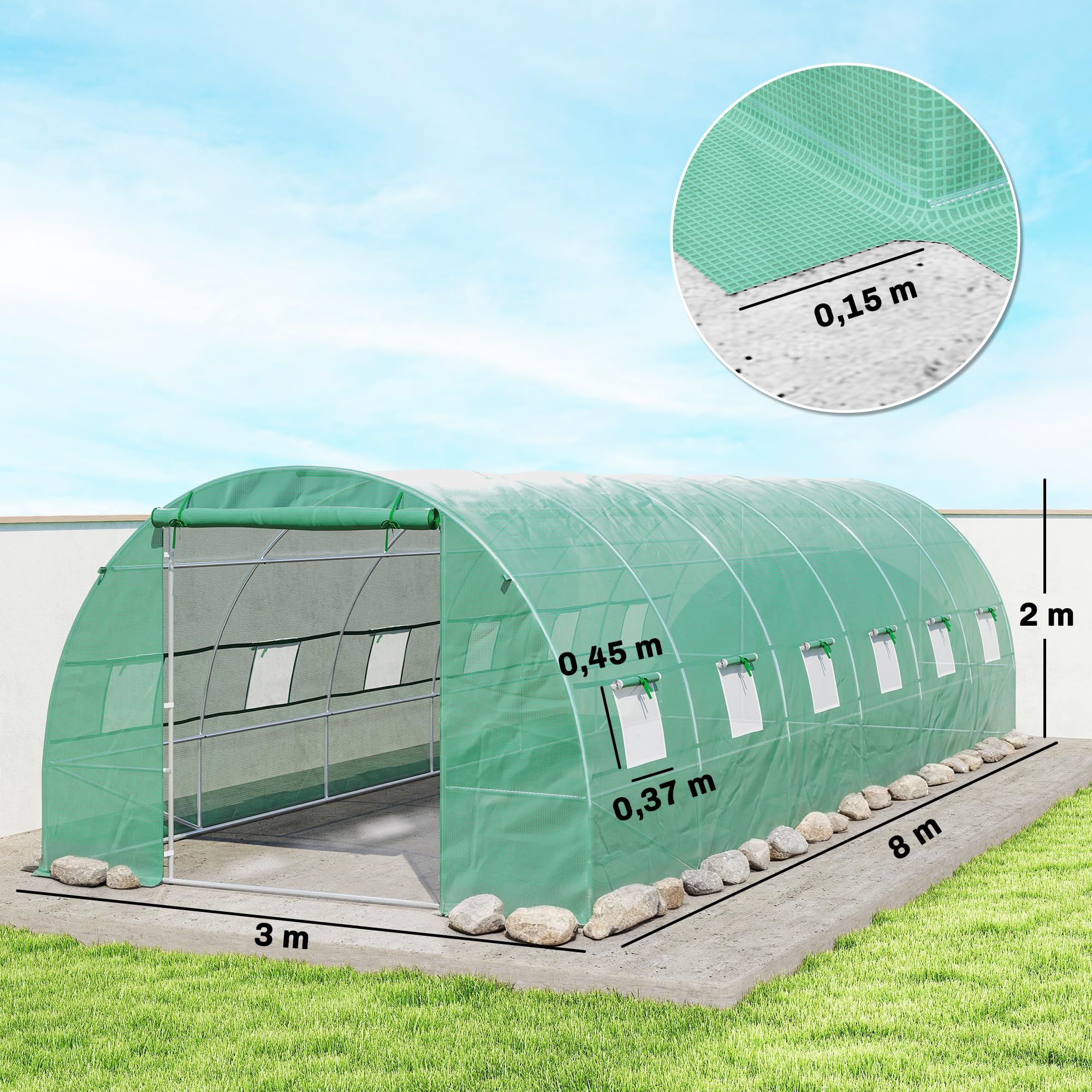 Outsunny Invernadero de Exterior Invernadero de Túnel 8x3x2 m Invernadero de Jardín con 12 Ventanas y Puerta Enrollable para Cultivo Plantas Tomates Verduras Acero y PE 140 g/m² Verde