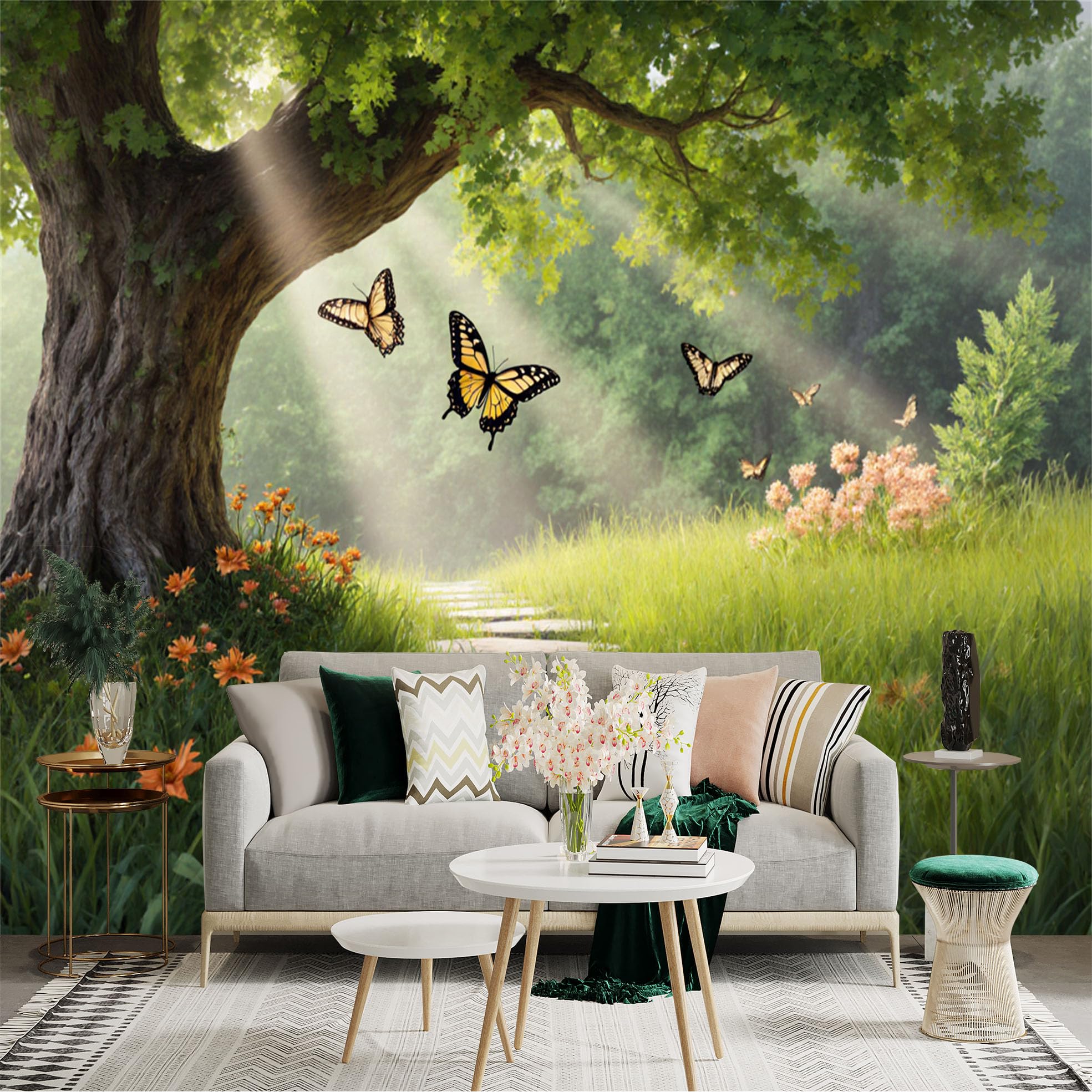 Custom Size Wall Sticker Mural， Magical Forest Path， Sunlit Big Tree， Flying Butterflies， Meadow Flowers， for wall Decoration， peelandstick wall Decals.