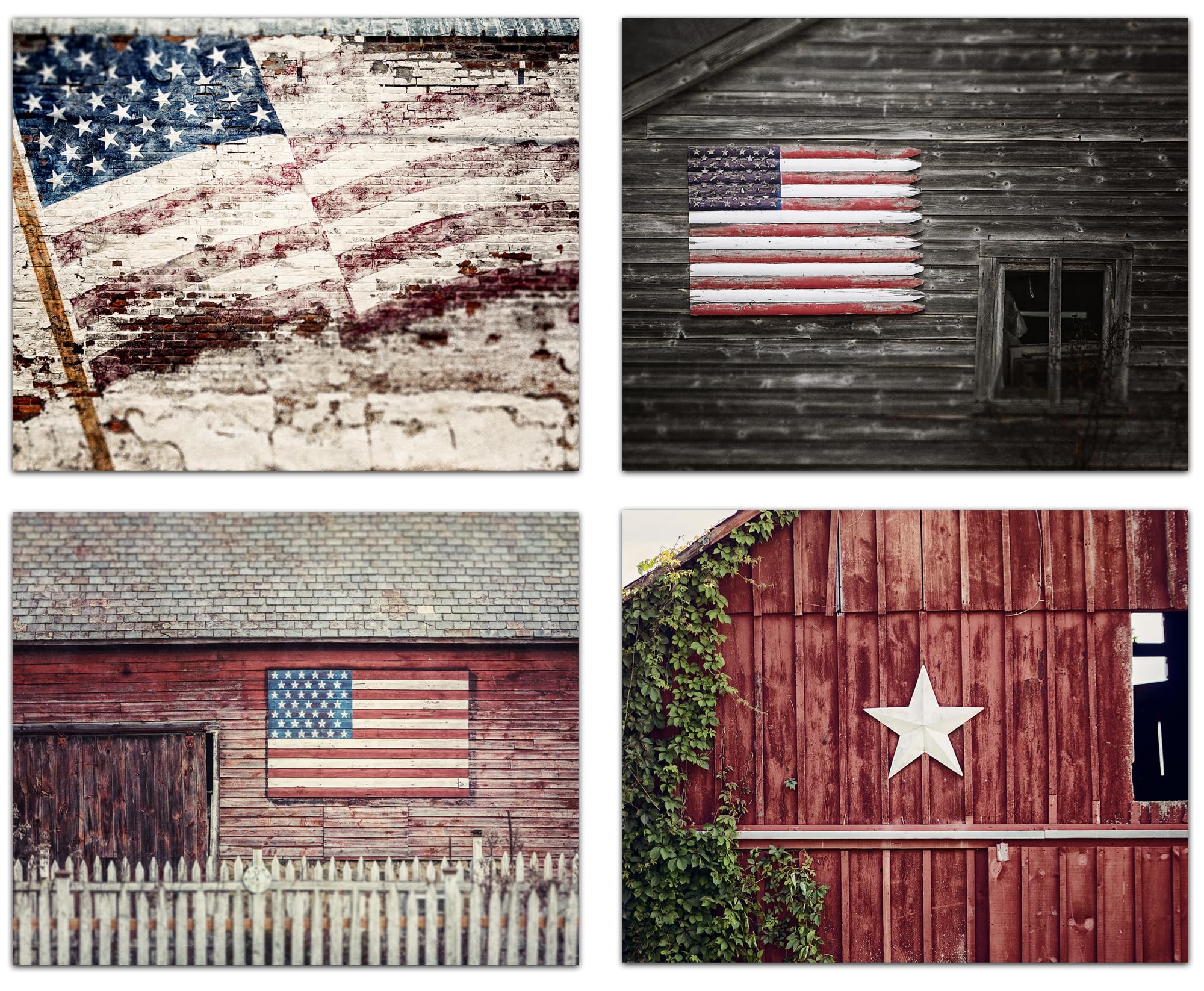LISA RUSSO FINE ART - Patriotic Rustic Farmhouse Decor - Barns with American Flags - Set of 4 11x14” Prints with White 16x20” Mats - Not Framed - Americana USA Country Pictures - Red, White, Blue