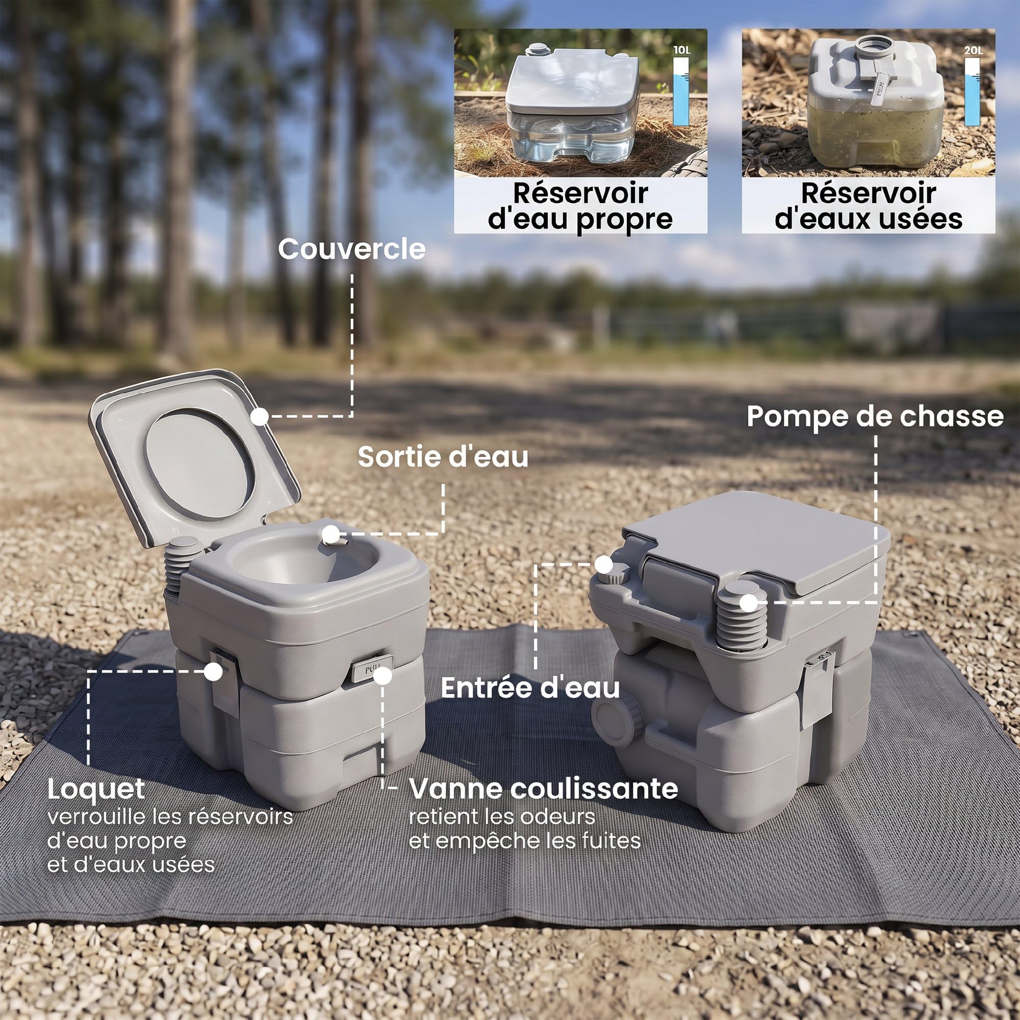 Outsunny Toilette Portable Camping avec Couvercle Gris