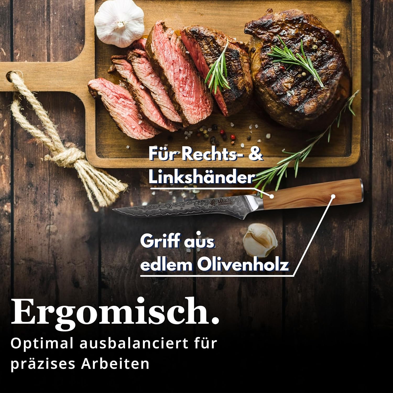 Wakoli Oribu Damascus Boning Knife – Full Tang Kitchen Knife with 5.5-Inch Blade made of 67-Layer Genuine Damascus Steel and VG10 Core – Ergonomic Olive Wood Handle in Elegant Gift Box