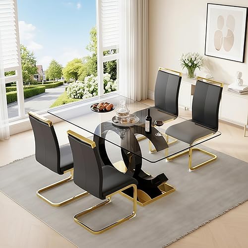 Miniatura 12 de Juego de mesa de comedor de cristal para 6, parte superior de vidrio templado de 63 pulgadas con patas brillantes en forma de OC y base de acero