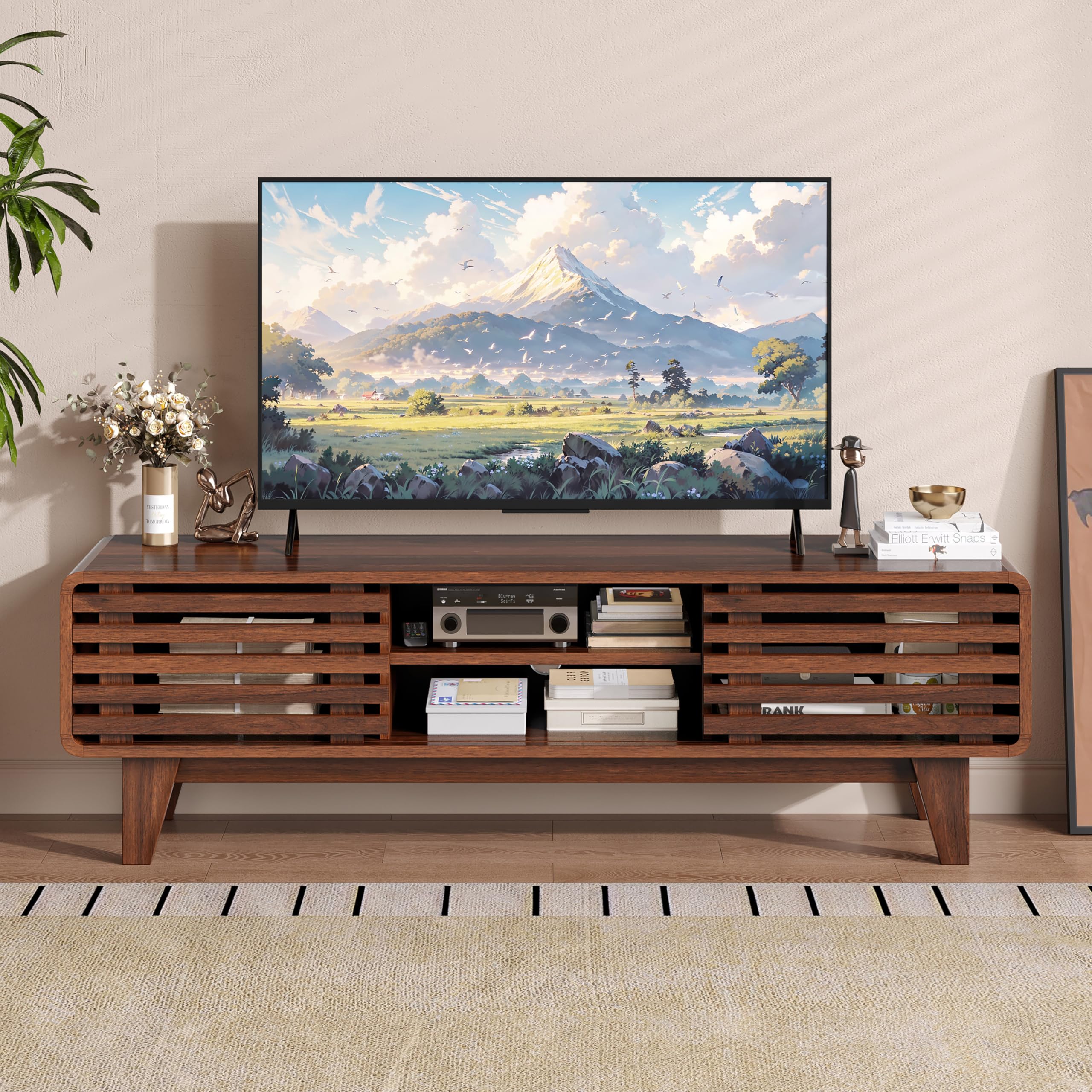 Soporte de TV para TV de 60 pulgadas, centro de entretenimiento moderno de mediados de siglo con almacenamiento, soporte de televisión bohemio con estantes y puertas correderas de rejilla, 5