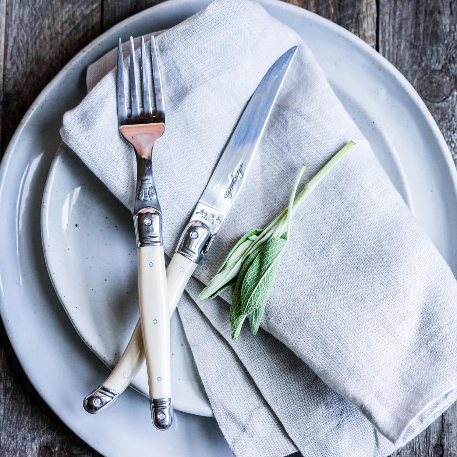 Jean Dubost Laguiole 24-Piece Everyday Flatware Set, Linen Handles - Rust-Resistant Stainless Steel - Includes Wooden Tray - Made in France