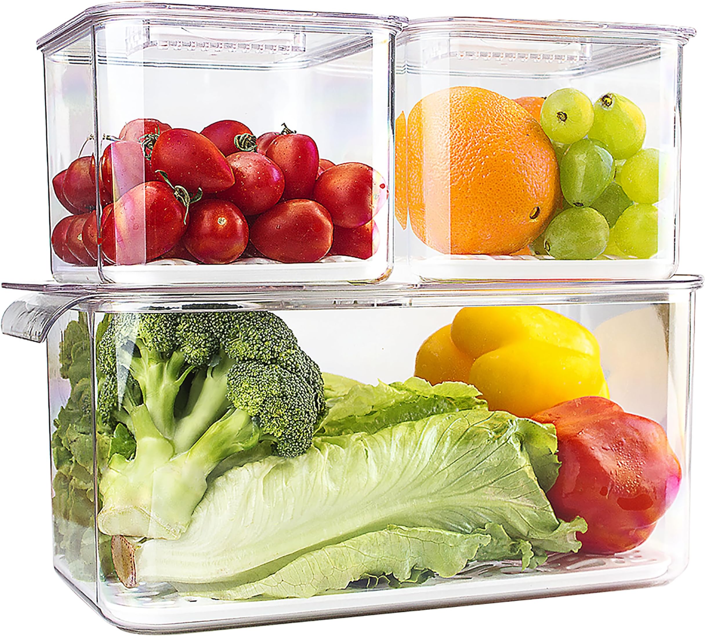elabo Fruit Storage Containers for Fridge Fresh Produce Saver -3 Pack Stackable Fridge Organizers Bins with Lids, Drain Tray, Food Storage Container for Vegetables, Lettuce, Salad and Berry, BPA-free