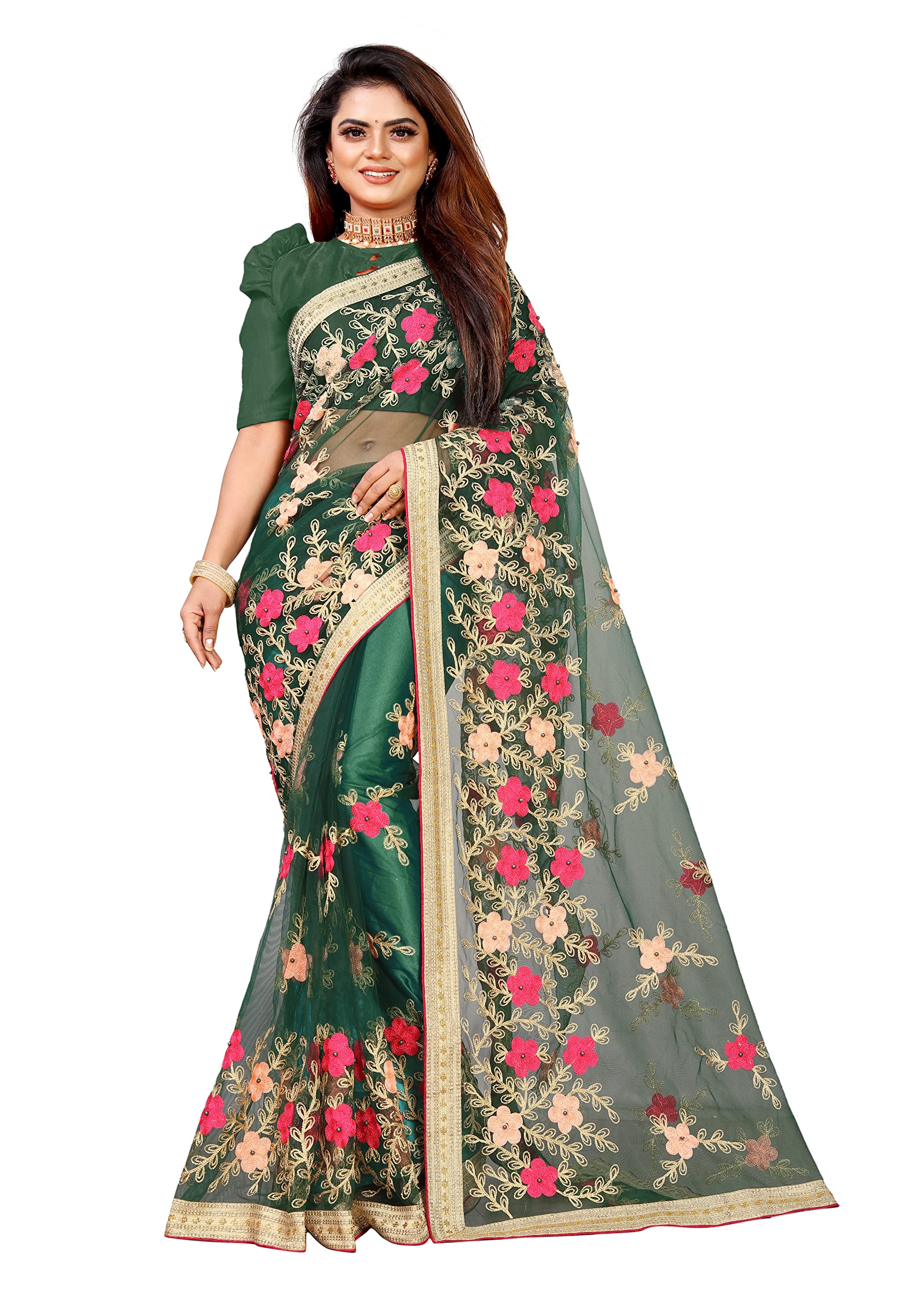 BARKIYA CREATIONWomen's Net Saree With Unstiched Blouse Piece