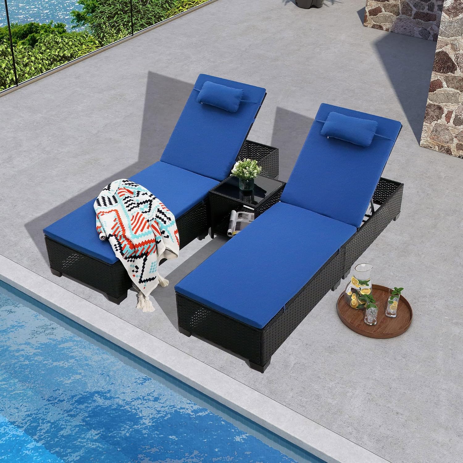 3-Piece Outdoor Lounge Chairs Set, Chaise Lounge Patio Chairs with Coffee Table, Adjustable Wicker Chairs, Water-Resistant Cushions, PE Rattan Poolside & Backyard Furniture (Navy)