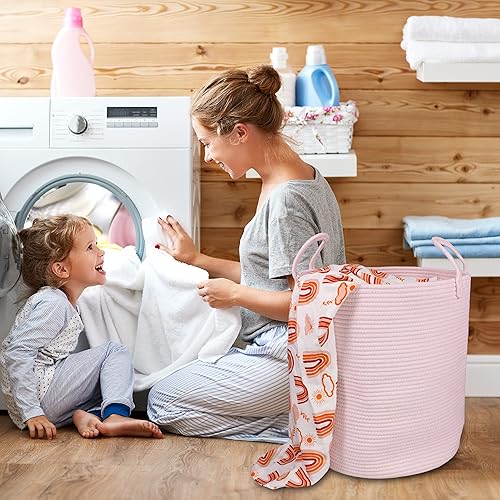 Miniatura 4 de Cesta de cuerda de algodón para ropa sucia para niñas, niños, guardería, cesta de almacenamiento tejida para sala de estar, habitación de niñas,