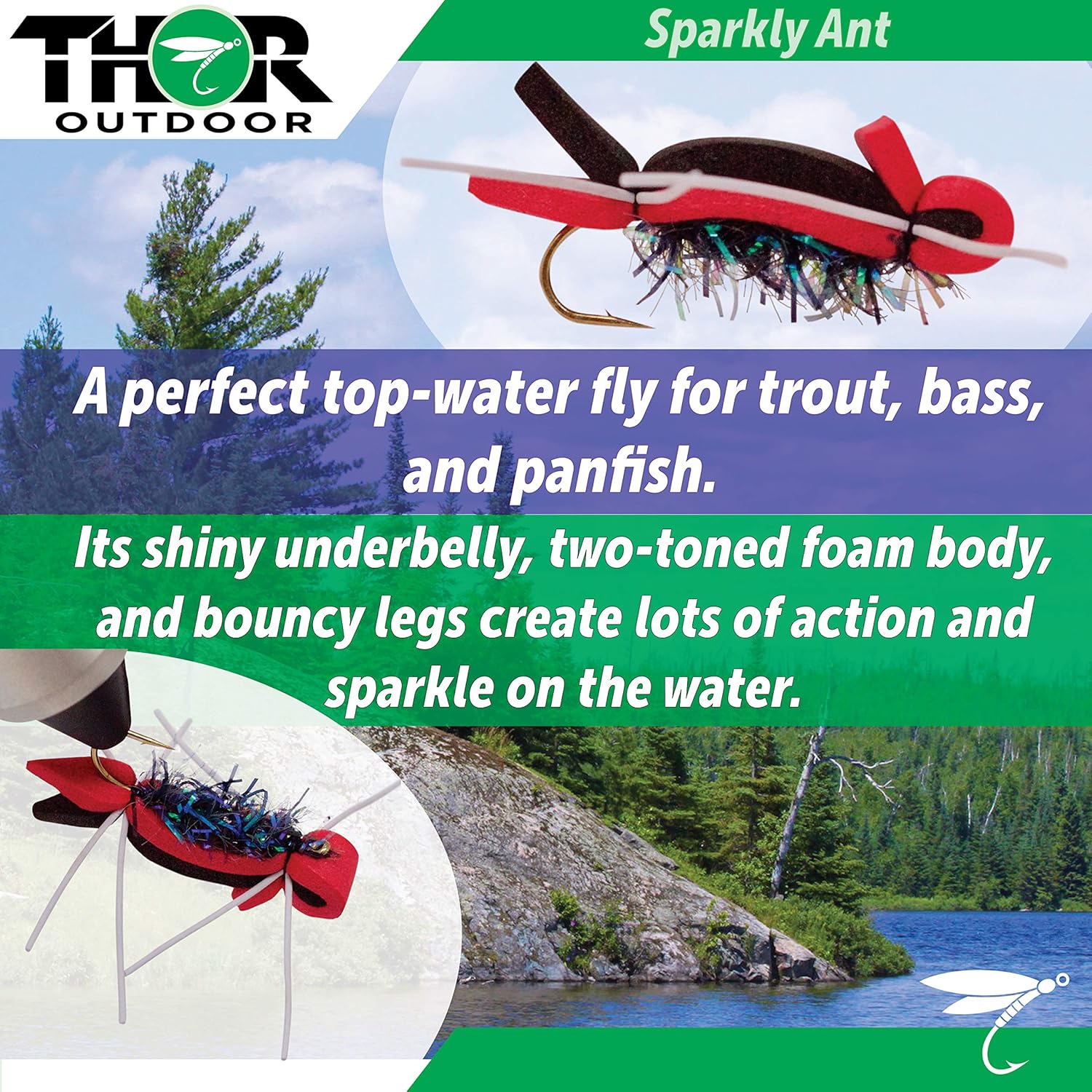 Topwater Fly Fishing Kit for Bass & Panfish | 14 pc Set + Tapered Leader - Foam Poppers, Hoppers, Dry Flies, Spiders, Ants, & Attractors (Hook Size 10 to 12)