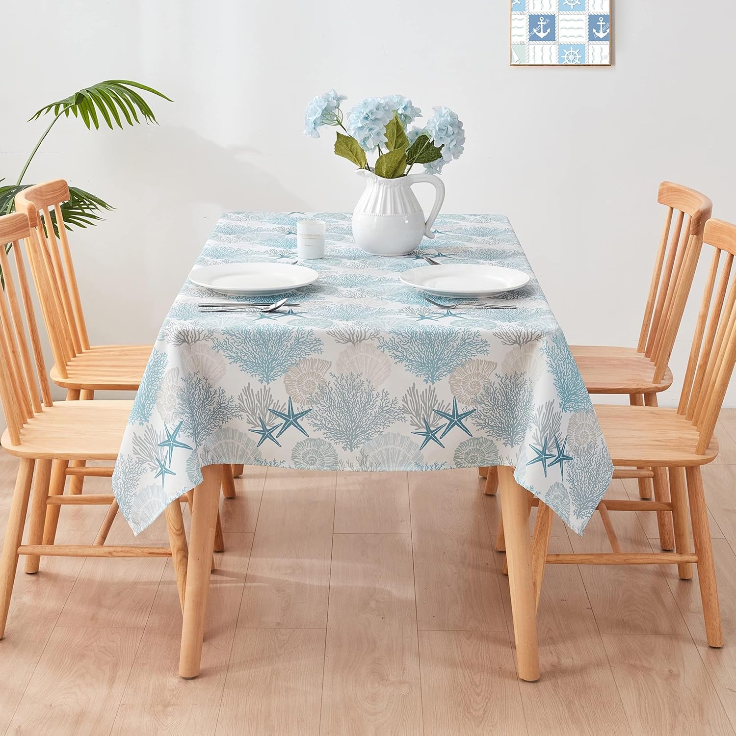 Nautical Coastal Rectangle Tablecloth Beach Ocean Print Table Cloth Waterproof Stain Resistant Wrinkle-Free Table Cover for Kitchen Dining Room Indoor and Outdoor Picnic Party 60x84 Inches