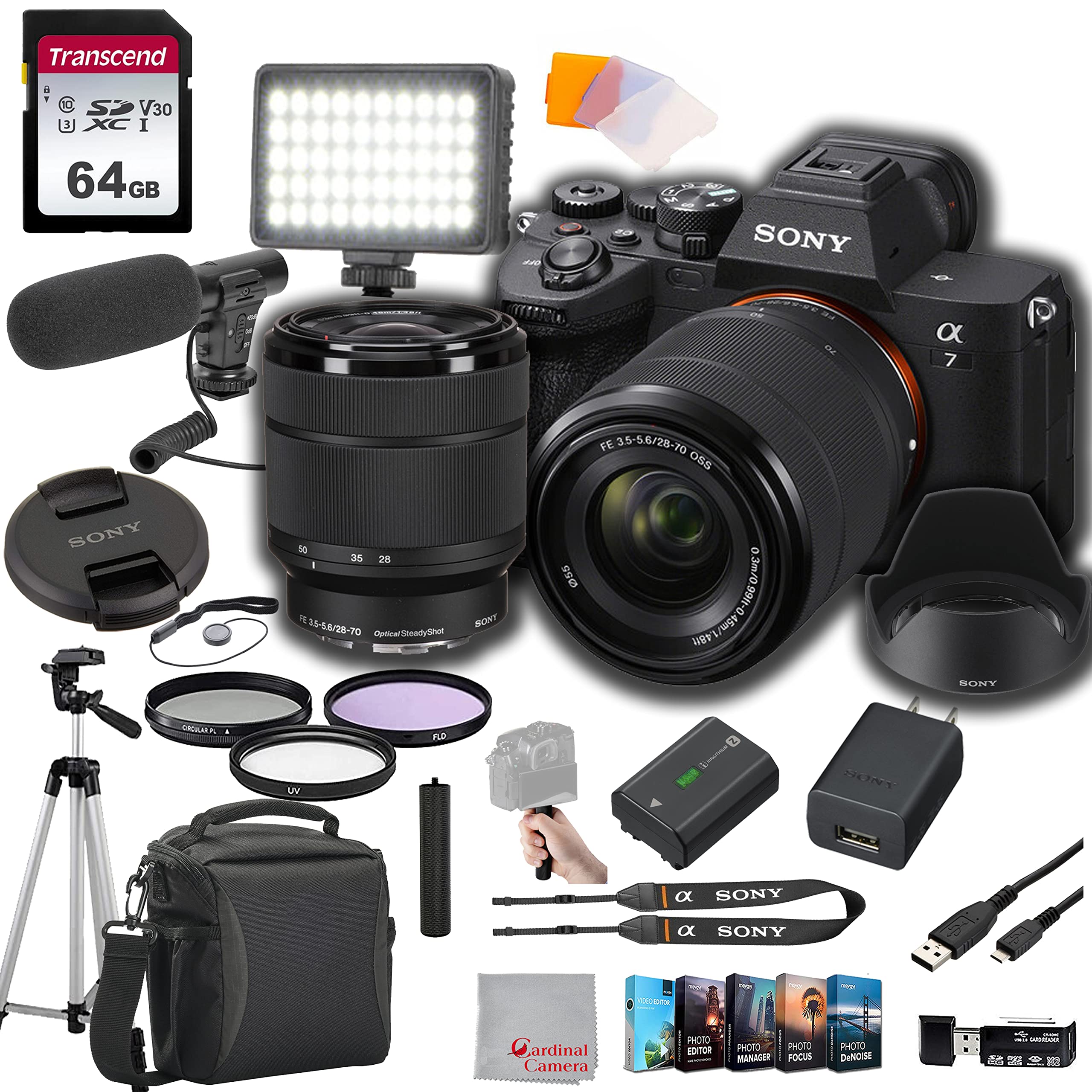 Sony a7 IV Mirrorless Digital Camera 33MP w/ 28-70mmmm Lens ILCE-7M4K/B, 64GB Memory,Video Microphone, LED Video Light, Case. Tripod, Filters, Hood, Grip, & Video & Photo Editing Software Kit