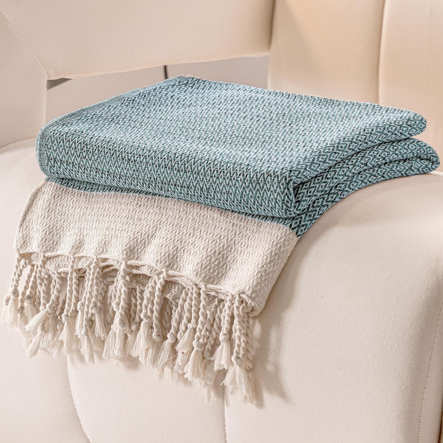 Peshtemania Premium Cotton Throw Blanket, 50x60 inches, Light Blue, Turkish Herringbone, Farmhouse Decor, Yoga Blanket, Picnic Blanket