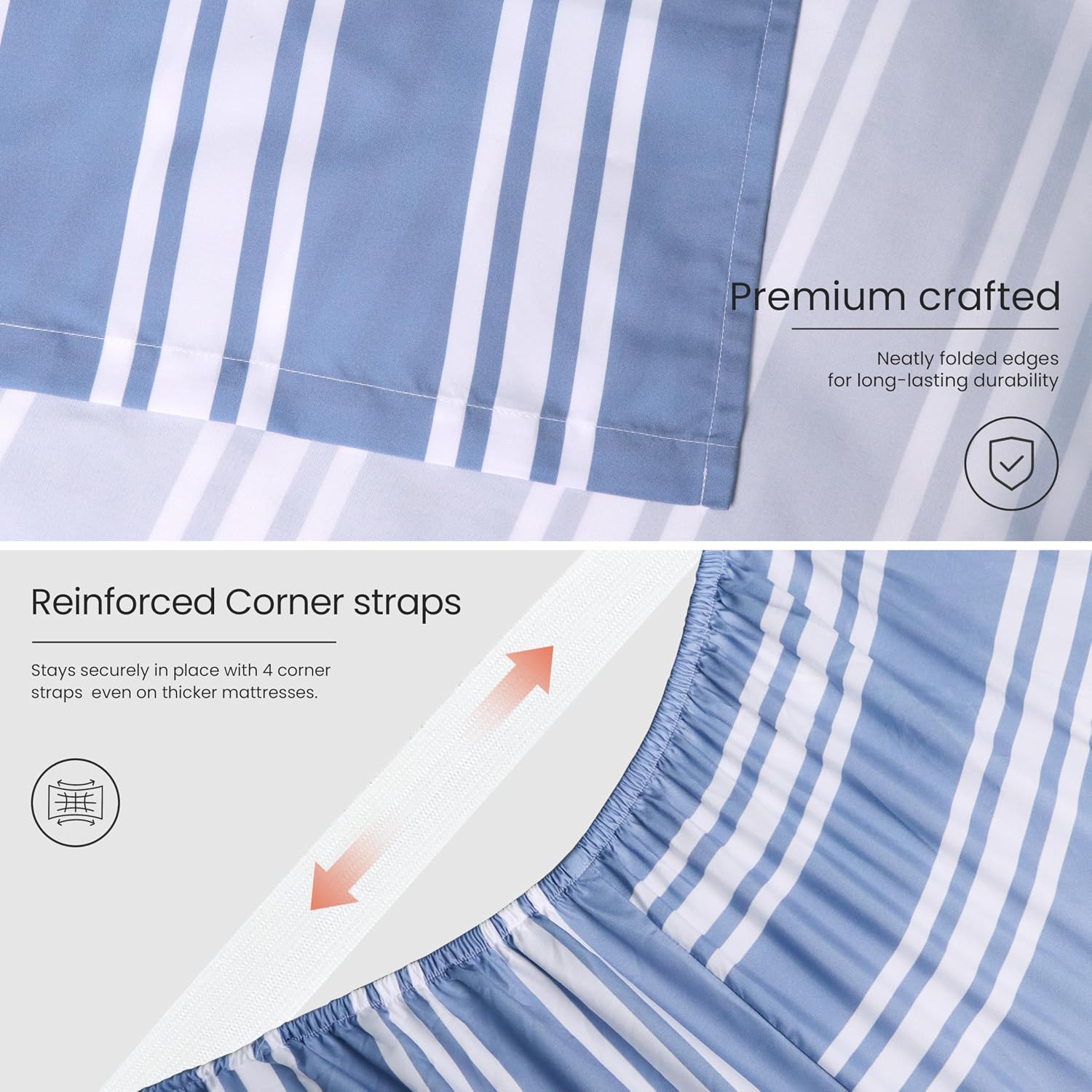 Queen Size Sheet Set - 4-Piece Extra Deep Pocket Sheet Set Fits Mattress up to 24 inch, Modern Striped Aesthetic Bedding,Wrinkle-Free & Secure Corner Straps,Blue White Stripe