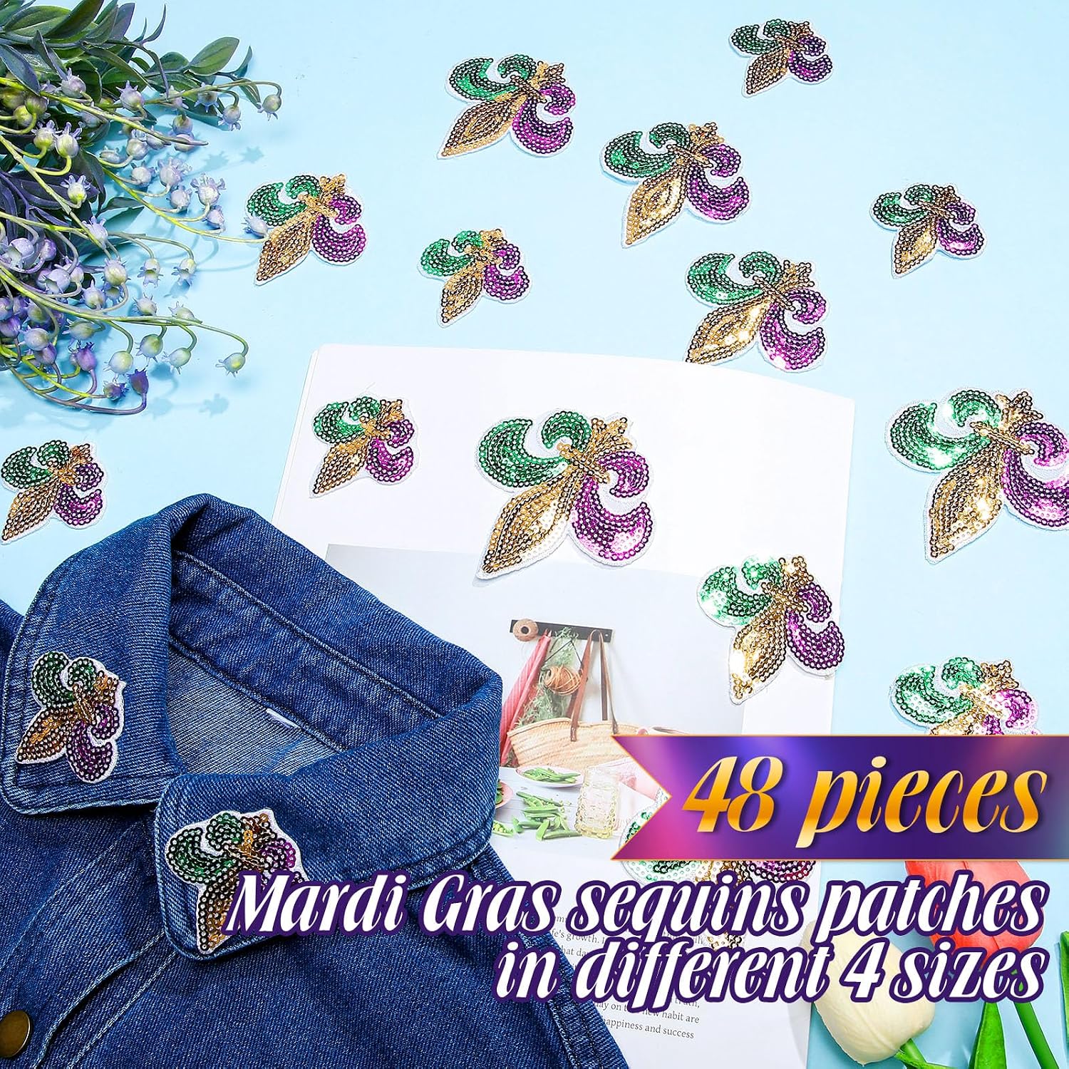 Daifunli 24 Pcs Sequin Iron on Patches, 4 Sizes Fleur, Classic, Multicolor