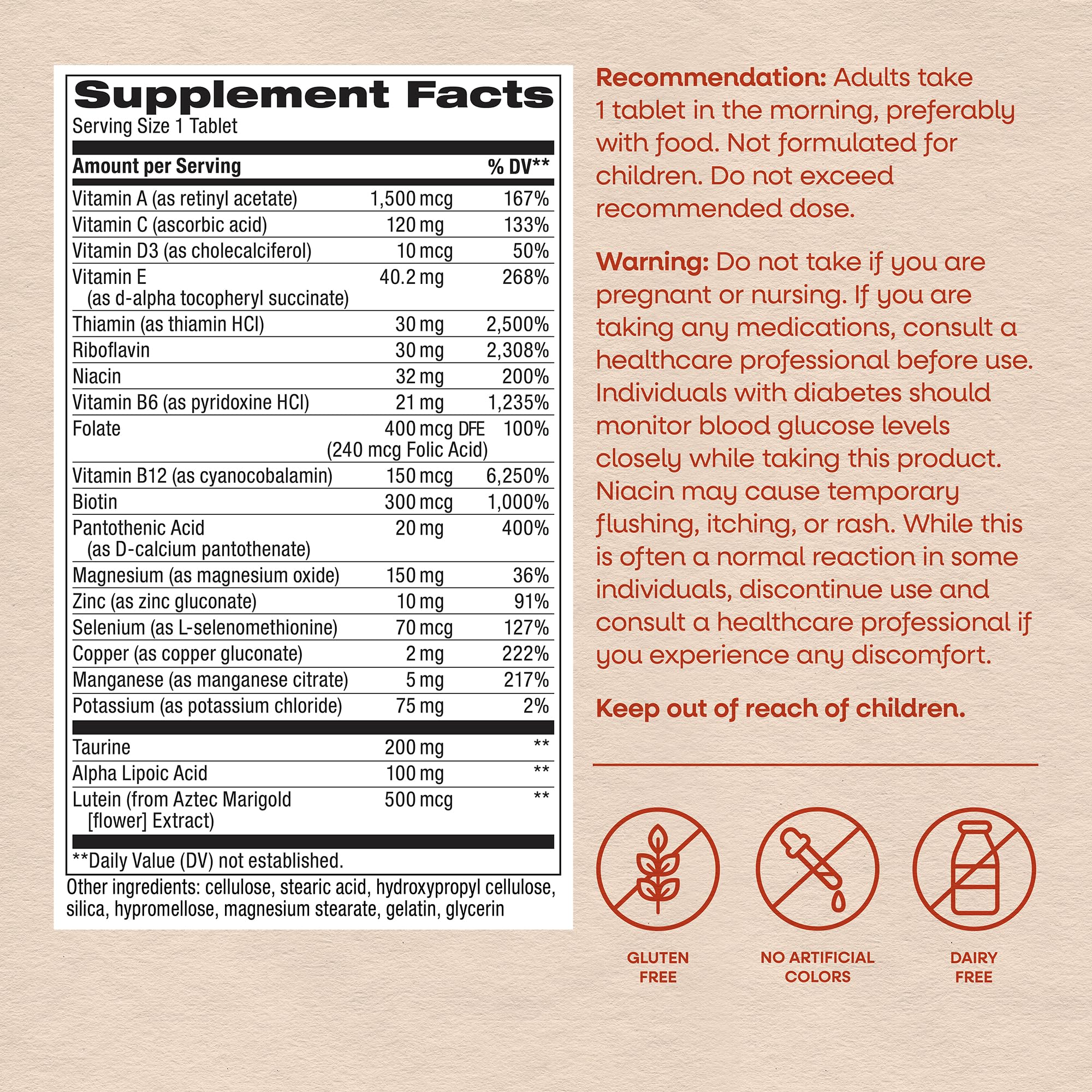 Nature's Way alpha betic, Diabetic Multivitamin for Daily Nutritional Support, with B-Vitamins for Energy Metabolism Support*, Alpha Lipoic Acid, Taurine, Lutein, 30 Tablets — Amazon image 6