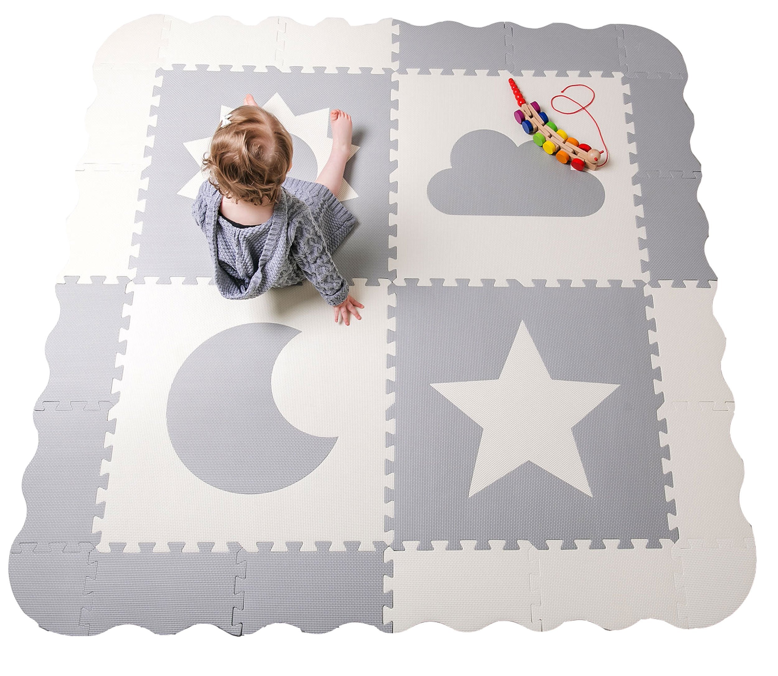 Baby Play Mat Tiles - 61"x61" Extra Large, Grey & White Interlocking, Non-Toxic Foam, Safe for Infants & Toddlers