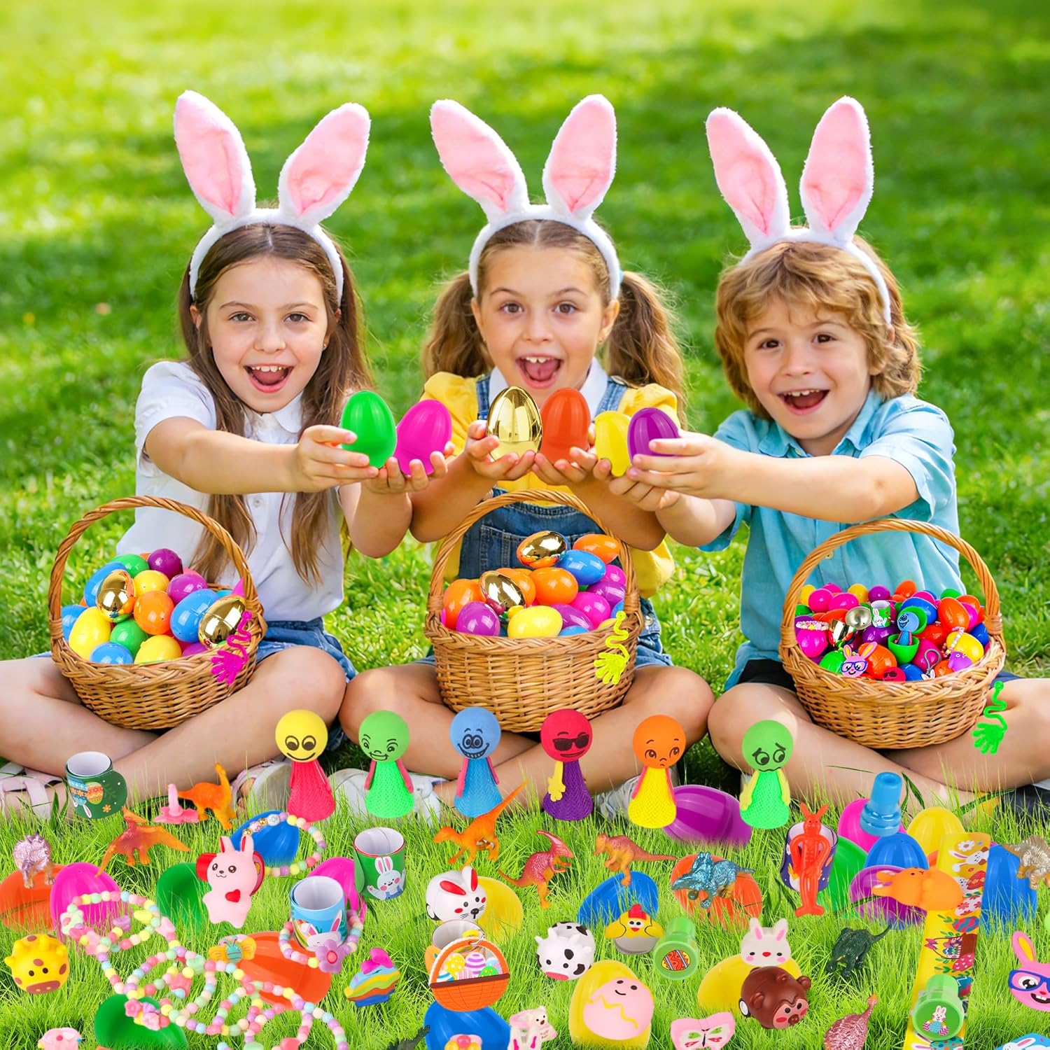 [ 6 Surprise Golden Eggs ] 100 Pack Prefilled Easter Eggs Filled with Assorted Toys, Pre Filled Plastic Easter Eggs Fillers for Easter Hunt, Easter Basket Stuffers, Easter Party Favors