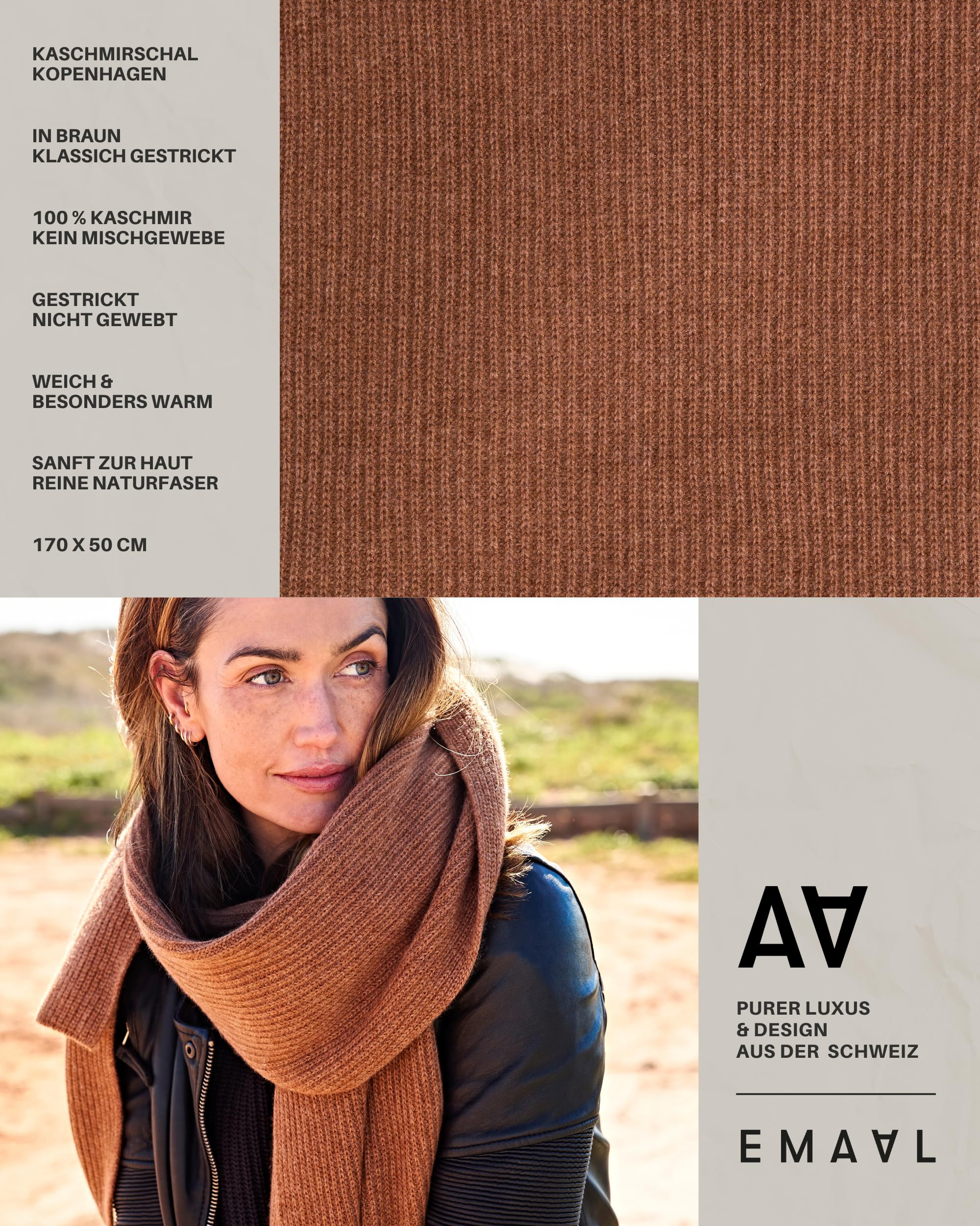EMAAL 100% Kaschmir Schal Kopenhagen, 2 Farben, Gestrickt, 170x50cm, Damen/Herren, Design aus der Schweiz, als Geschenk, Stola, elegantes Accessoire, kuschelig, nachhaltig, langlebig