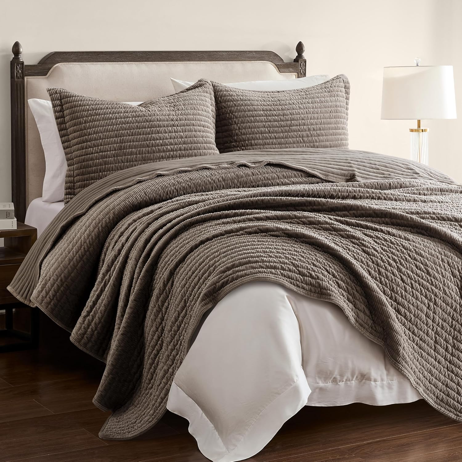 WDCOZY Velvet King Size Quilt Set - Beige Striped Soft Lightweight Bedspread, Tan Neutral Ribbed Farmhouse Country Rustic Coverlet, Taupe Camel Modern Bedding Kakhi Warm Thin Comforter, 3 Pieces - Image 2