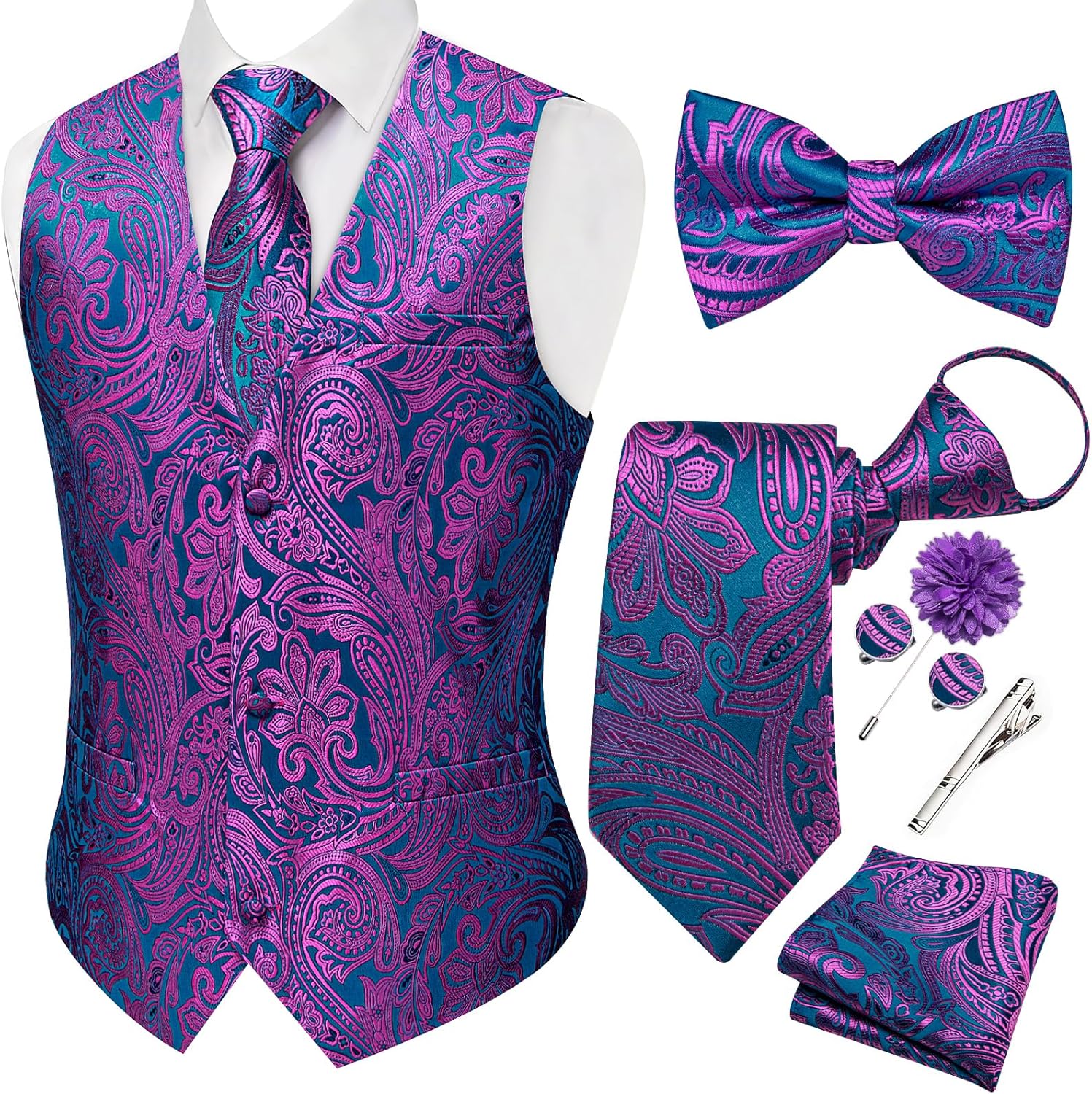 DiBanGu Men's 7PCS Paisley Jacquard Silk Suit Vest Set with Pre-Tied Tie, Bow Tie, Cufflinks for Wedding Party Formal
