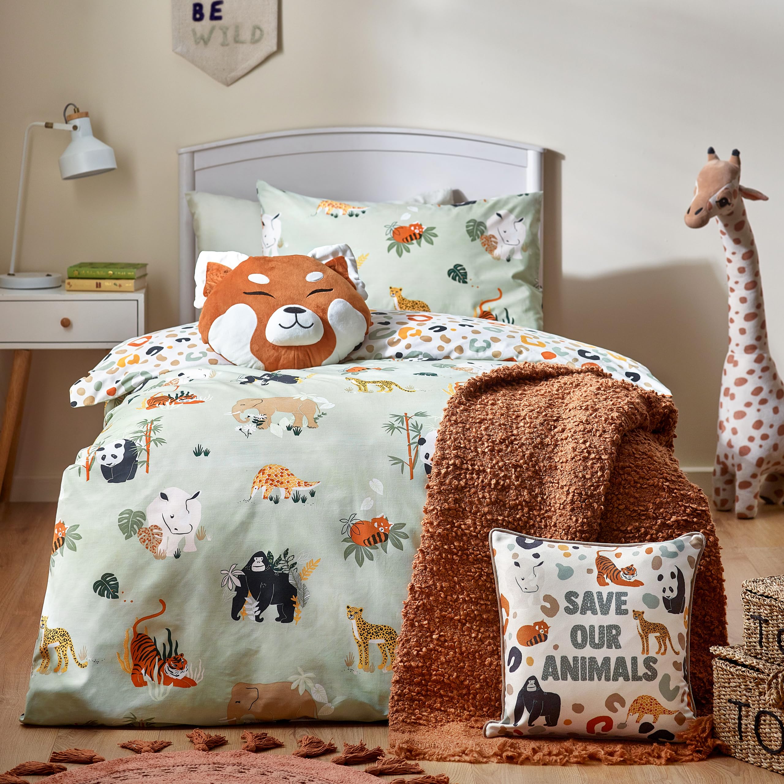 furn. Safari Animals Duvet Cover Set – Reversible Wildlife Jungle Easy Care Childrens Bedding (Multi/Green – Double – 200x200cm)