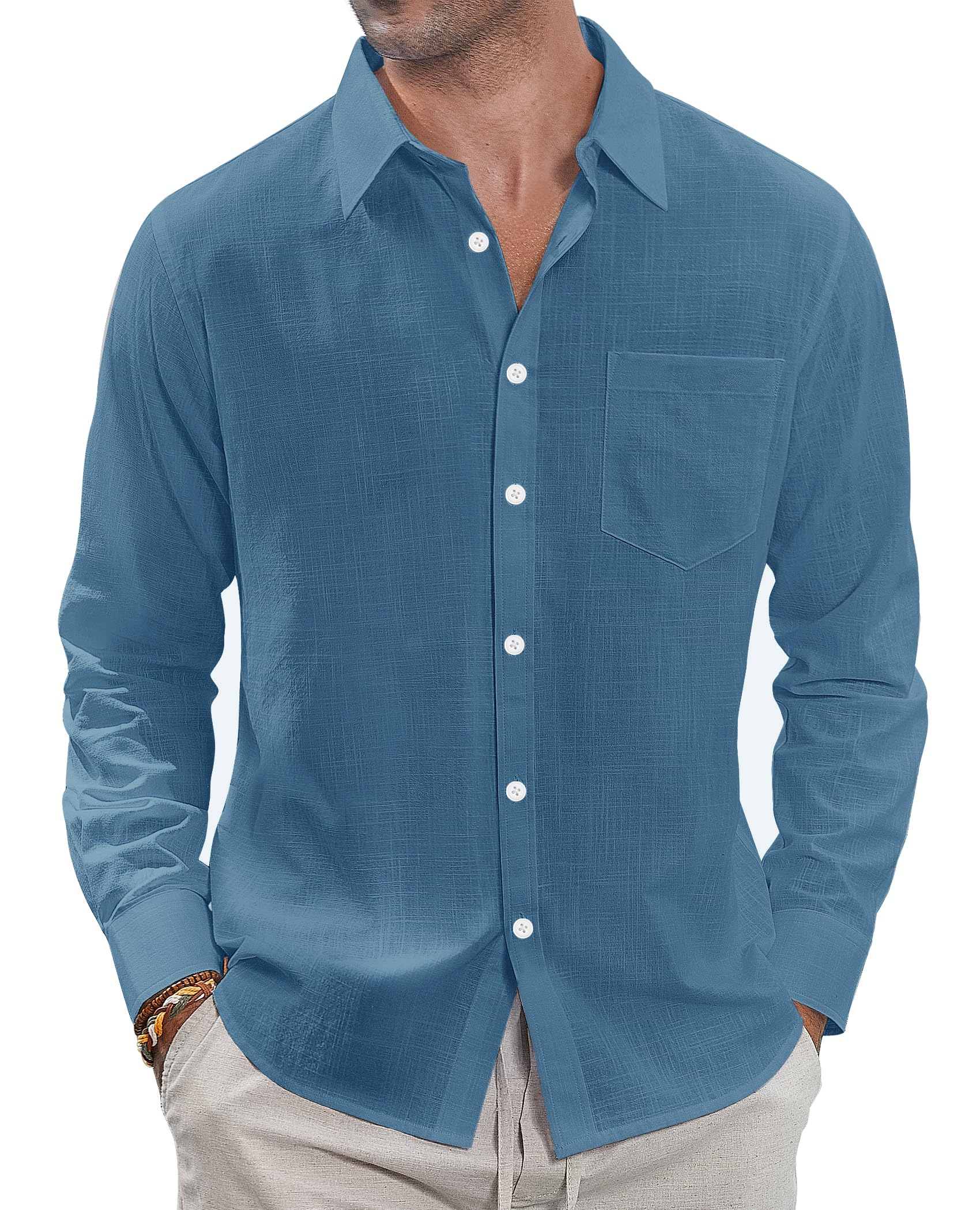 J.VER Men's Linen Shirts Casual Button Down Long Sleeve Shirt Solid Spread Collar Summer Beach Shirts with Pocket